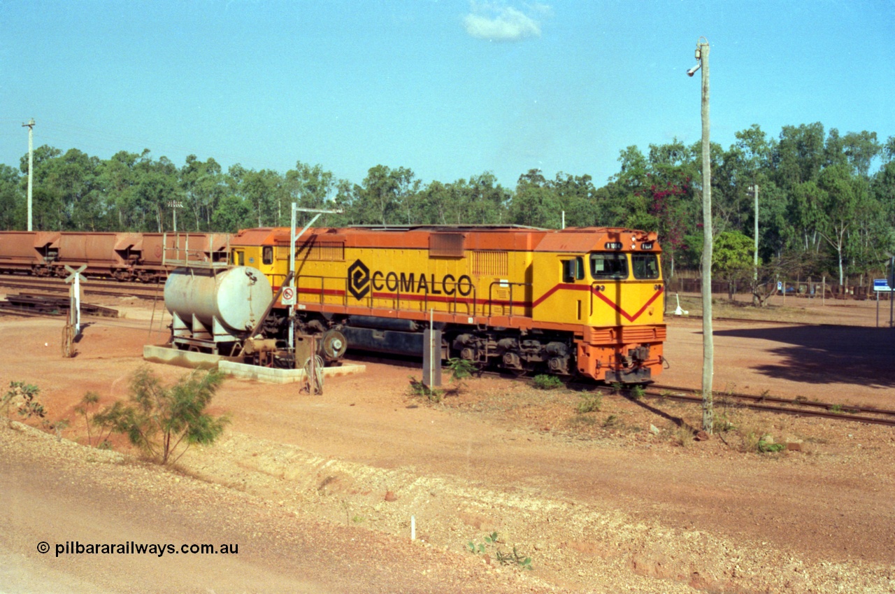 213-24
Weipa, Lorim Point fuel point, Comalco R 1004 loco Clyde Engineering built EMD model JT42C built 1990 serial 90-1277, weight 132 tonne, engine 12-710G3A, generator AR11-WBA-CA5, traction motors D87ETR, rated power 2460 kW/3300 hp. The body is similar to a V/Line N class while the components are the same as the Australian National AN class. Originally built for Goldsworthy Mining as GML 10 for use at their Western Australian iron ore railway and locally known as Cinderella. Purchased by Comalco in 1994 following the takeover of Goldsworthy by BHP.
Keywords: R1004;Clyde-Engineering-Kelso-NSW;EMD;JT26C;90-1277;Comalco;GML10;Cinderella;GML-class;