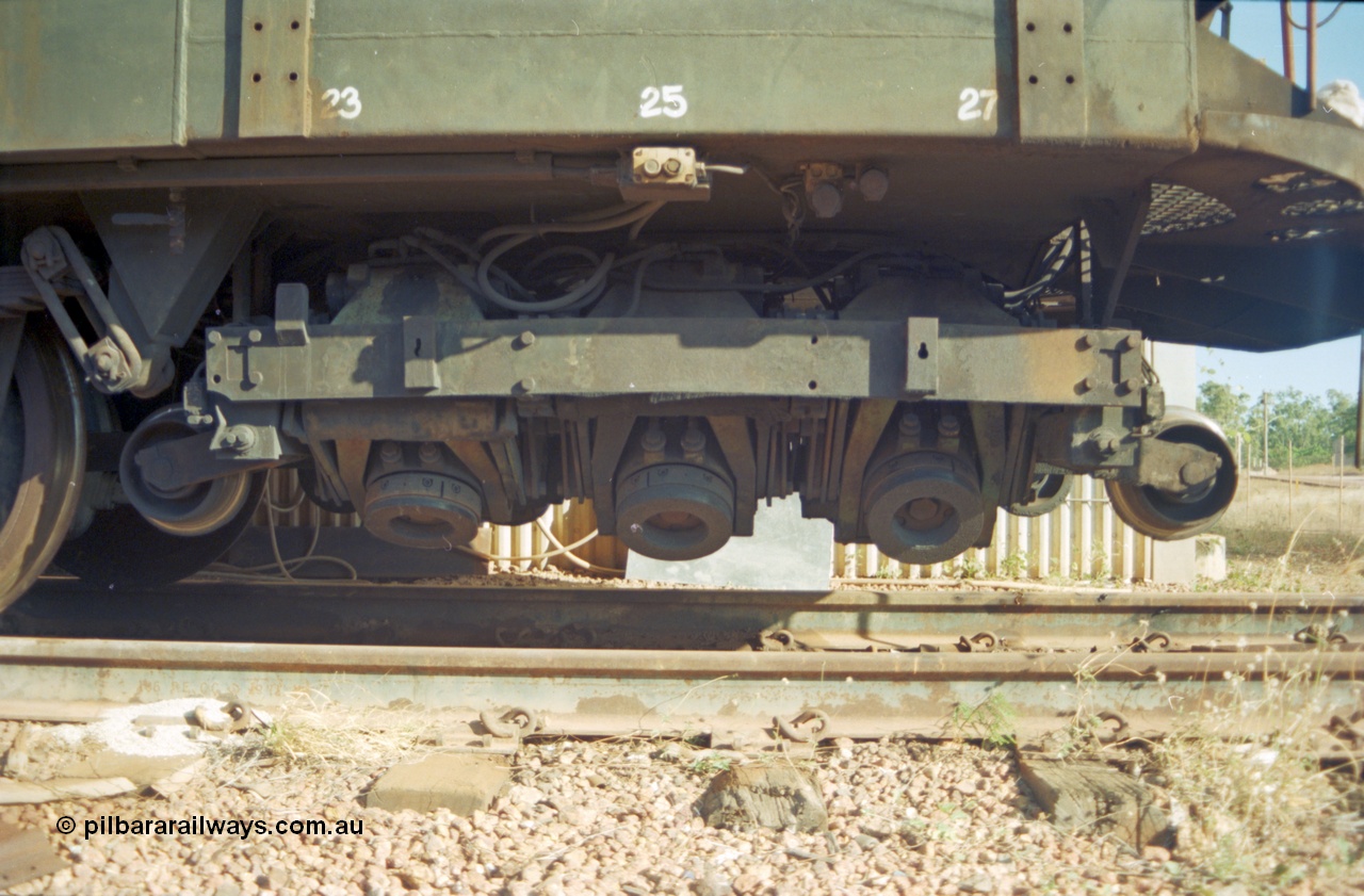 213-31
Weipa, Lorim Point railway workshops track maintenance compound, Speno rail grinder model RR 28E, a twenty eight wheel grinder, this unit very likely was originally purchased by Mt Newman Mining and used in the Pilbara in the 1970s. Even a 30 km remote railway requires a grinder! September 1995.
Keywords: Speno;RR-28E;track-machine;Comalco;
