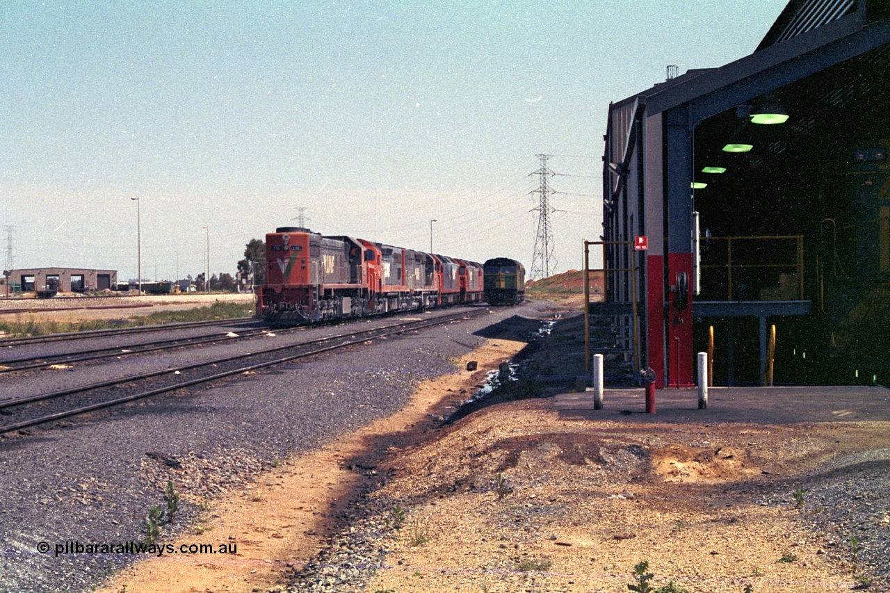 215-21
Dry Creek Motive Power Centre, hosts a number of broad gauge V/Line locomotives as they rest before running the overnight trains back to Melbourne, in the view are members of the X, C and G class next to an AN 700 class.
