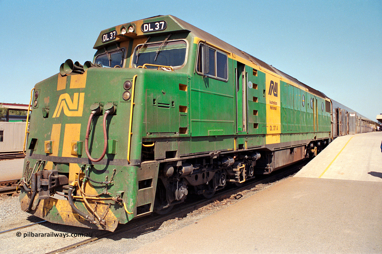 217-03
Keswick Passenger Terminal, Australian National DL class locomotive DL 37 Clyde Engineering EMD model AT42C serial 88-1245 on the pointy end of 'The Ghan' as departure time approaches.
Keywords: DL-class;DL37;Clyde-Engineering-Kelso-NSW;EMD;AT42C;88-1245;