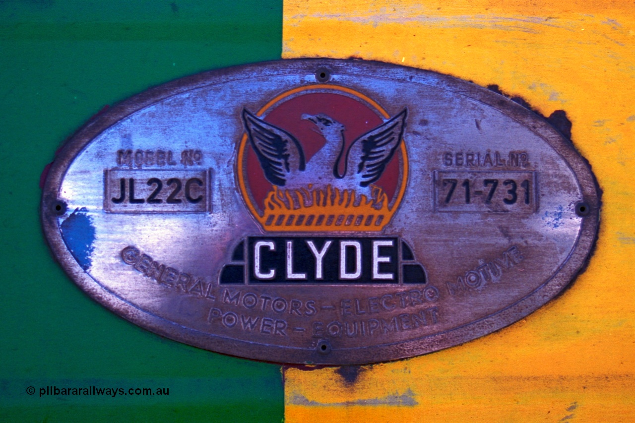 244-28
Port Lincoln loco workshops, builders plate for NJ class NJ 4 Clyde Engineering EMD model JL22C serial 71-731. 6th April 2003.
Keywords: NJ-class;NJ4;Clyde-Engineering-Granville-NSW;EMD;JL22C;71-731;