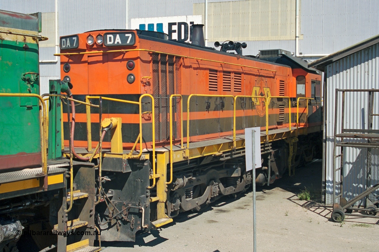 244-36
Port Lincoln loco workshops, wearing Australian Southern livery rebuild ALCo DA 7 started life as NSWGR 48 class 4813 AE Goodwin ALCo model DL531 serial 83713, rebuilt by Islington Workshops with long hood and parts from former 830 class 870 AE Goodwin ALCo model DL531 serial G6016-06 in 1998. B end roster view looking forward. 6th April 2003.
Keywords: DA-class;DA7;83713;Port-Augusta-WS;ALCo;DL531G/1;48-class;4813;rebuild;