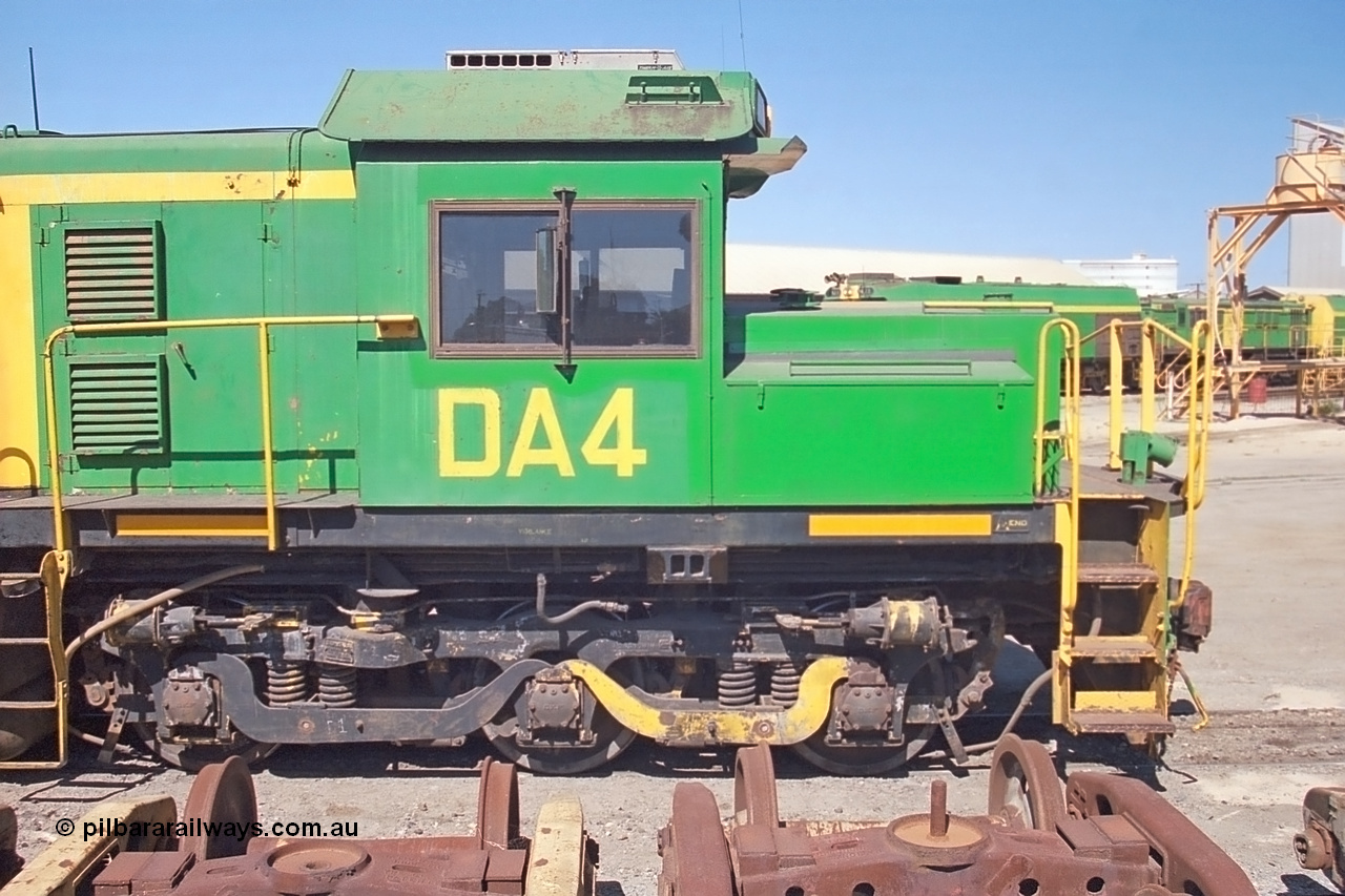 245-07
Port Lincoln loco workshops, cab side view of DA 4, former Australian National locomotive rebuilt from former AE Goodwin ALCo model DL531 830 class ex 839, serial 83730, rebuilt by Port Augusta Workshops to DA class. 6th April, 2003.
Keywords: DA-class;DA4;83730;Port-Augusta-WS;ALCo;DL531G/1;830-class;839;rebuild;