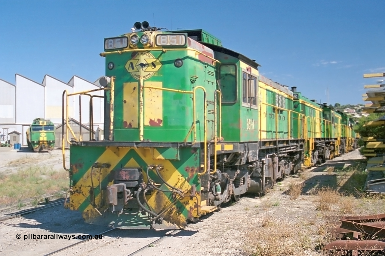 245-08
Port Lincoln loco workshops, still in former owner AN livery, Australian Southern 830 class locomotive 851 AE Goodwin ALCo model DL531 serial 84137 which has been on the Eyre Peninsula Division since being built in April 1962, stabled motive power over the weekend downtime. 6th April 2003.
Keywords: 830-class;851;AE-Goodwin;ALCo;DL531;84137;