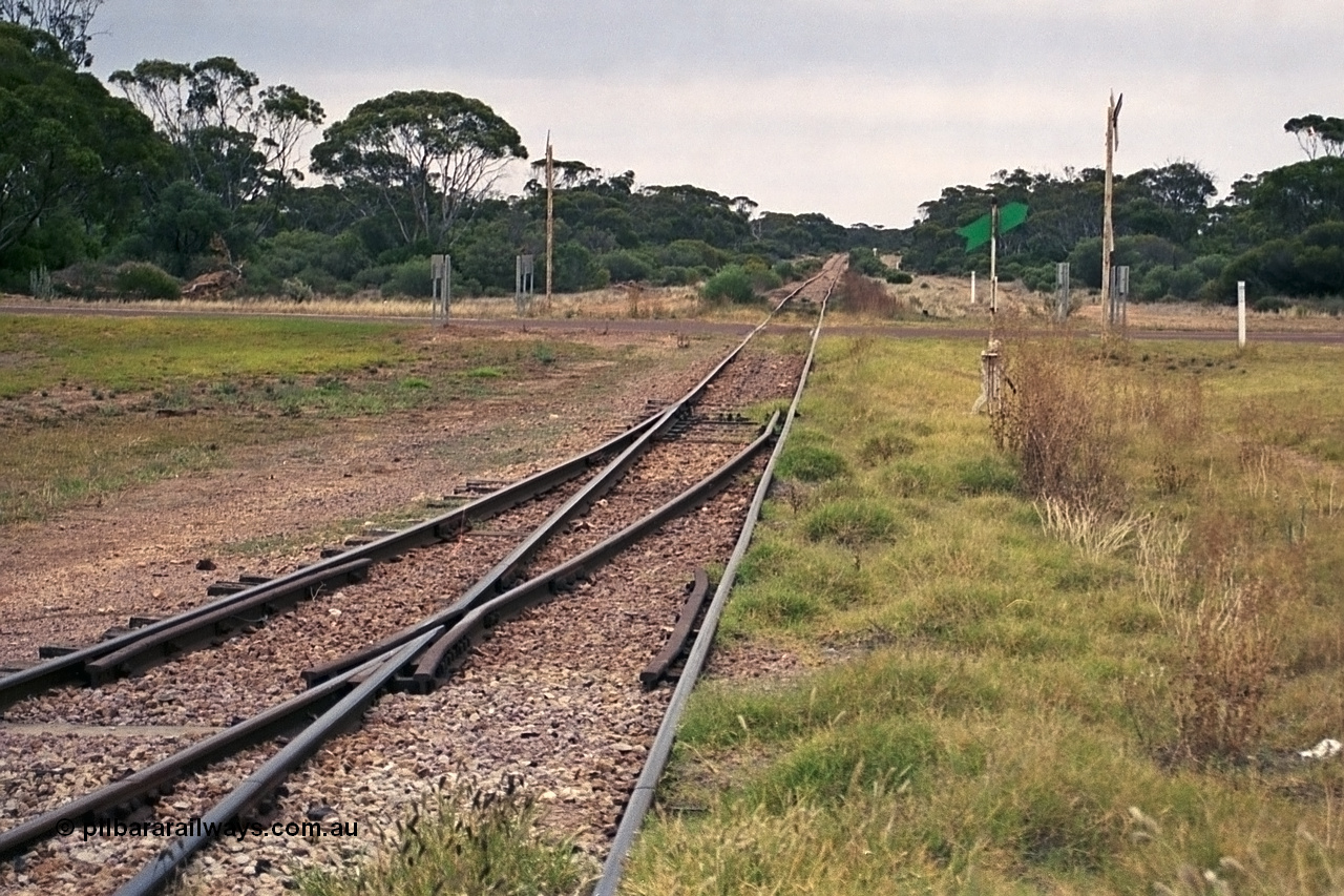 245-32
Minnipa looking in the down direction along the mainline across Burgoyne Terrace towards Poochera with goods siding #2 points and switch stand. 7th April, 2003.
