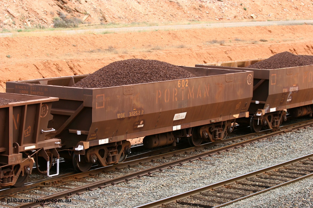 060116 2679
WOE type iron ore waggon WOE 30252 is one of a batch of one hundred and thirty built by Goninan WA between March and August 2001 with serial number 950092-002 and fleet number 602 for Koolyanobbing iron ore operations with a built date April 2001 in the current style of 83 tonne load capacity WOE type waggon built for Portman Mining on Koolyanobbing iron ore train service, West Kalgoorlie 16th January 2006.
Keywords: WOE-type;WOE30252;Goninan-WA;950092-002;