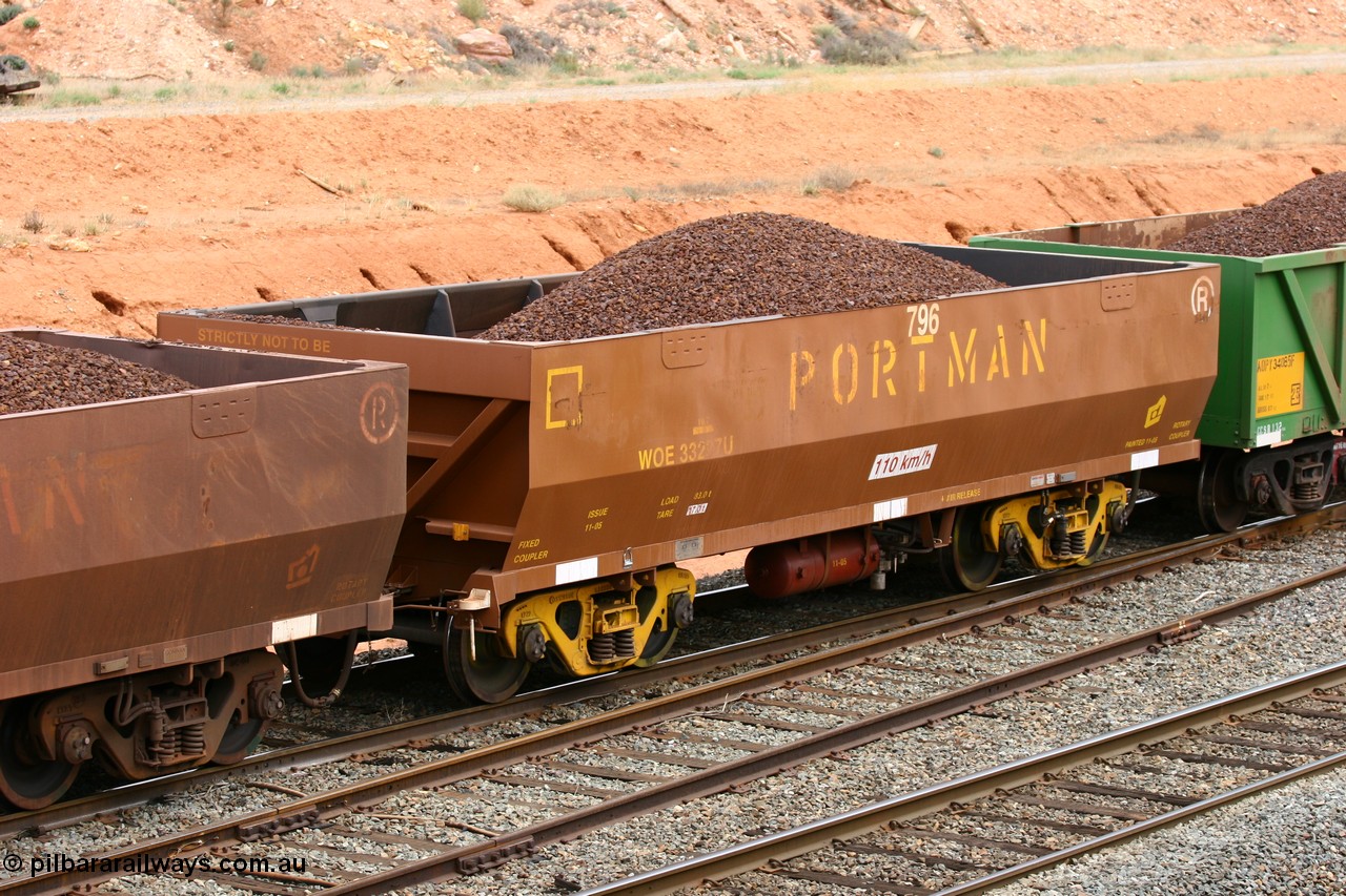 060116 2686
WOE type iron ore waggon WOE 33297 is one of a batch of one hundred and forty one built by United Goninan WA between November 2005 and April 2006 with serial number 950142-002 and fleet number 796 for Koolyanobbing iron ore operations, West Kalgoorlie 16th January 2006.
Keywords: WOE-type;WOE33297;United-Goninan-WA;950142-002;