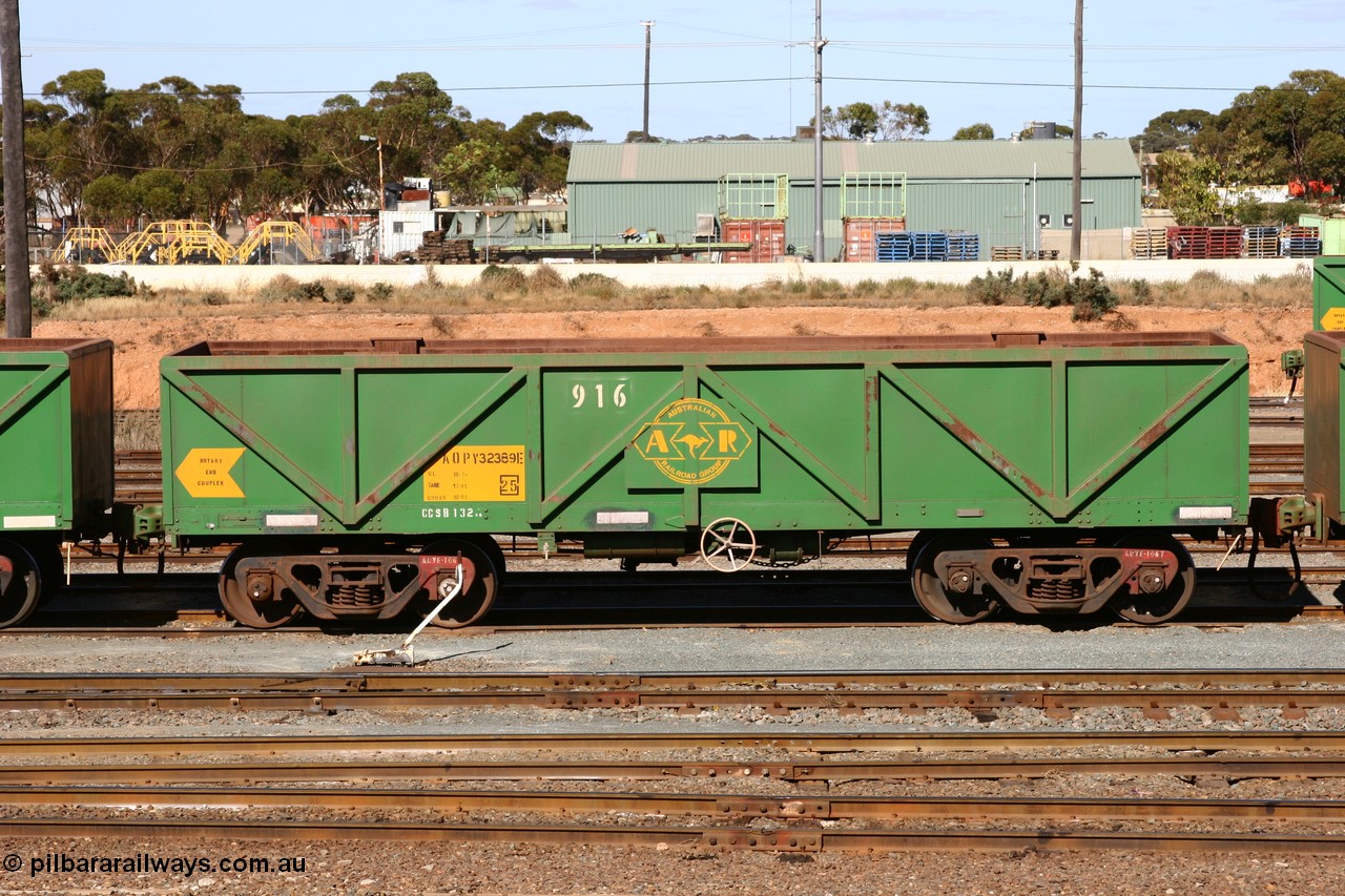 060528 4423
West Kalgoorlie, AOPY 32389, fleet number 916, one of seventy ex ANR coal waggons rebuilt from AOKF type by Bluebird Engineering SA in service with ARG on Koolyanobbing iron ore trains. They used to be three metres longer and originally built by Metropolitan Cammell Britain as GB type in 1952-55, 28th May 2006.
Keywords: AOPY-type;AOPY32389;Bluebird-Engineering-SA;Metropolitan-Cammell-Britain;GB-type;