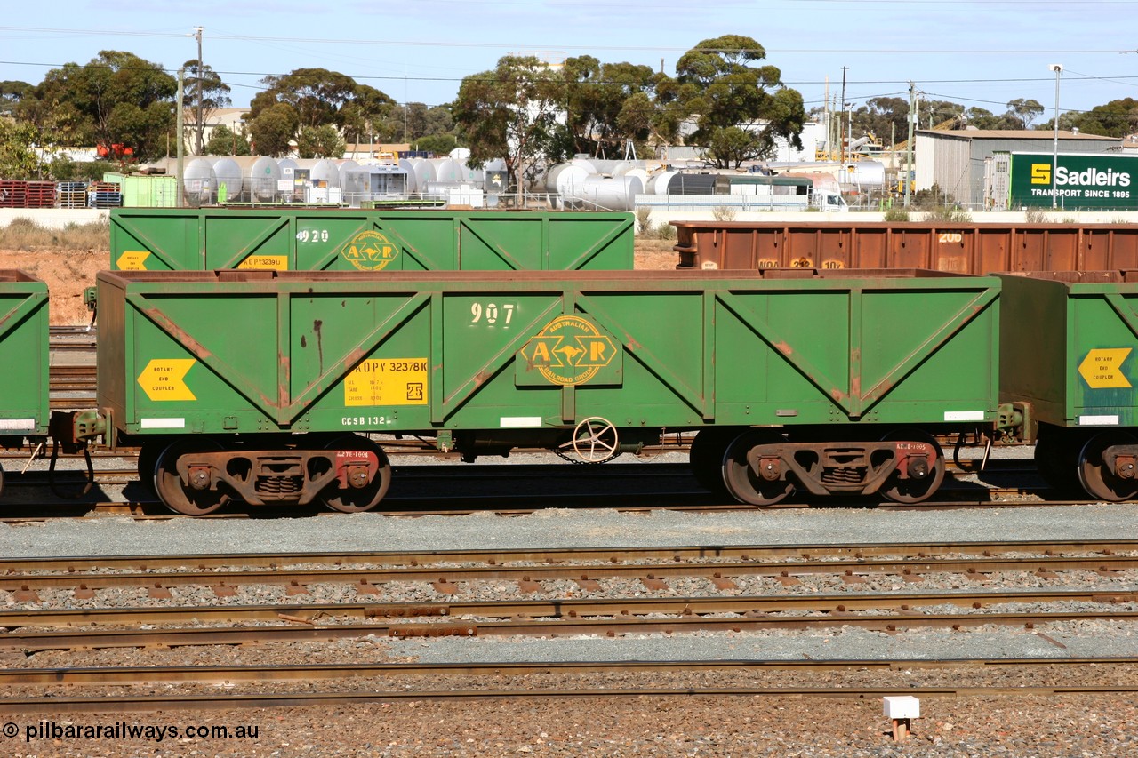 060528 4424
West Kalgoorlie, AOPY 32378, fleet number 907, one of seventy ex ANR coal waggons rebuilt from AOKF type by Bluebird Engineering SA in service with ARG on Koolyanobbing iron ore trains. They used to be three metres longer and originally built by Metropolitan Cammell Britain as GB type in 1952-55, 28th May 2006.
Keywords: AOPY-type;AOPY32378;Bluebird-Engineering-SA;Metropolitan-Cammell-Britain;GB-type;