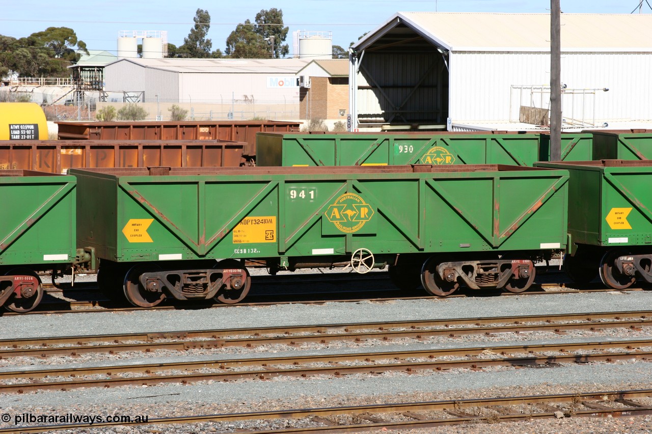 060528 4429
West Kalgoorlie, AOPY 32410, fleet number 941, one of seventy ex ANR coal waggons rebuilt from AOKF type by Bluebird Engineering SA in service with ARG on Koolyanobbing iron ore trains. They used to be three metres longer and originally built by Metropolitan Cammell Britain as GB type in 1952-55, 28th May 2006.
Keywords: AOPY-type;AOPY32410;Bluebird-Engineering-SA;Metropolitan-Cammell-Britain;GB-type;