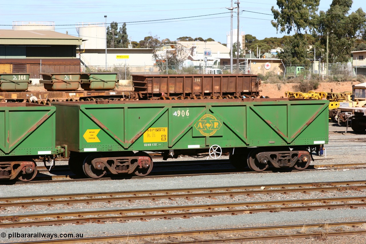 060528 4438
West Kalgoorlie, AOPY 32377, fleet number 907, with the 4 being a recent addition due to the increasing fleet size, one of seventy ex ANR coal waggons rebuilt from AOKF type by Bluebird Engineering SA in service with ARG on Koolyanobbing iron ore trains. They used to be three metres longer and originally built by Metropolitan Cammell Britain as GB type in 1952-55, 28th May 2006.
Keywords: AOPY-type;AOPY32377;Bluebird-Engineering-SA;Metropolitan-Cammell-Britain;GB-type;