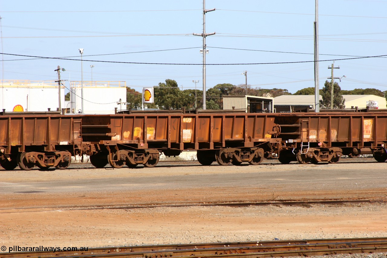 060528 4451
WOC type iron ore waggon WOC 31348 is one of a batch of thirty built by Goninan WA between October 1997 to January 1998 with fleet number 408 for Koolyanobbing iron ore operations with a 75 ton capacity and lettered for KIPL, Koolyanobbing Iron Pty Ltd, seen here red-carded at West Kalgoorlie, 28th May 2006.
Keywords: WOC-type;WOC31348;Goninan-WA;