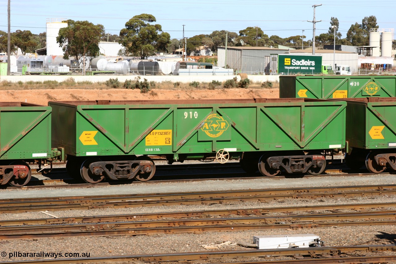 060528 4489
West Kalgoorlie, AOPY 32385, fleet number 910, one of seventy ex ANR coal waggons rebuilt from AOKF type by Bluebird Engineering SA in service with ARG on Koolyanobbing iron ore trains. They used to be three metres longer and originally built by Metropolitan Cammell Britain as GB type in 1952-55, 28th May 2006.
Keywords: AOPY-type;AOPY32385;Bluebird-Engineering-SA;Metropolitan-Cammell-Britain;GB-type;