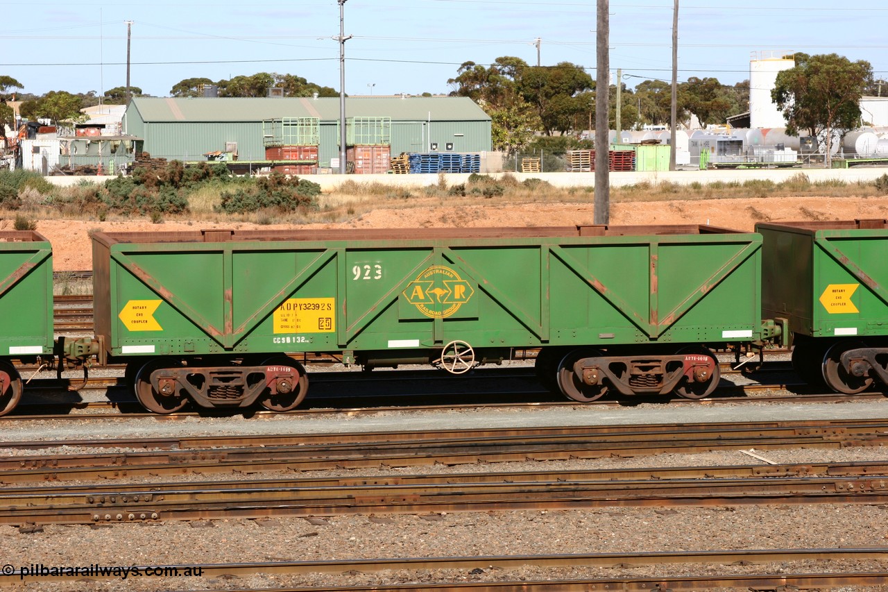060528 4490
West Kalgoorlie, AOPY 32392, fleet number 923, one of seventy ex ANR coal waggons rebuilt from AOKF type by Bluebird Engineering SA in service with ARG on Koolyanobbing iron ore trains. They used to be three metres longer and originally built by Metropolitan Cammell Britain as GB type in 1952-55, 28th May 2006.
Keywords: AOPY-type;AOPY32392;Bluebird-Engineering-SA;Metropolitan-Cammell-Britain;GB-type;