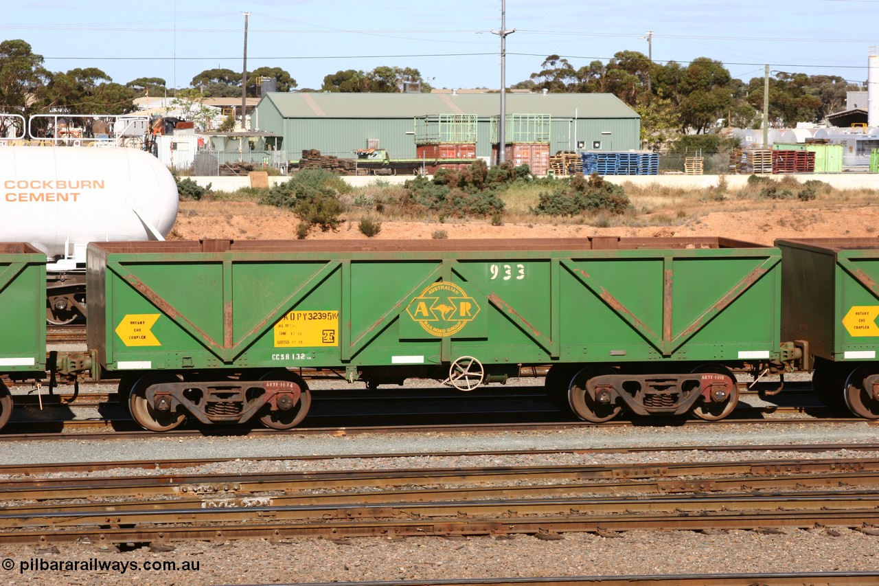 060528 4491
West Kalgoorlie, AOPY 32395 with fleet number 933, one of seventy ex ANR coal waggons rebuilt from AOKF type by Bluebird Engineering SA in service with ARG on Koolyanobbing iron ore trains. They used to be three metres longer and originally built by Metropolitan Cammell Britain as GB type in 1952-55, 28th May 2006.
Keywords: AOPY-type;AOPY32395;Bluebird-Engineering-SA;Metropolitan-Cammell-Britain;GB-type;
