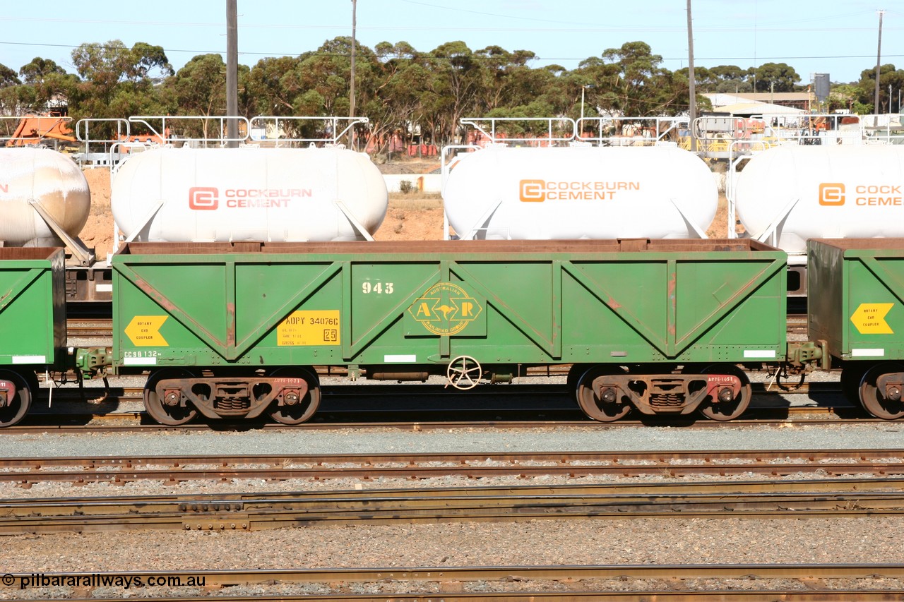 060528 4493
West Kalgoorlie, AOPY 34076 with fleet number 943, one of seventy ex ANR coal waggons rebuilt from AOKF type by Bluebird Engineering SA in service with ARG on Koolyanobbing iron ore trains. They used to be three metres longer and originally built by Metropolitan Cammell Britain as GB type in 1952-55, 28th May 2006.
Keywords: AOPY-type;AOPY34076;Bluebird-Engineering-SA;Metropolitan-Cammell-Britain;GB-type;