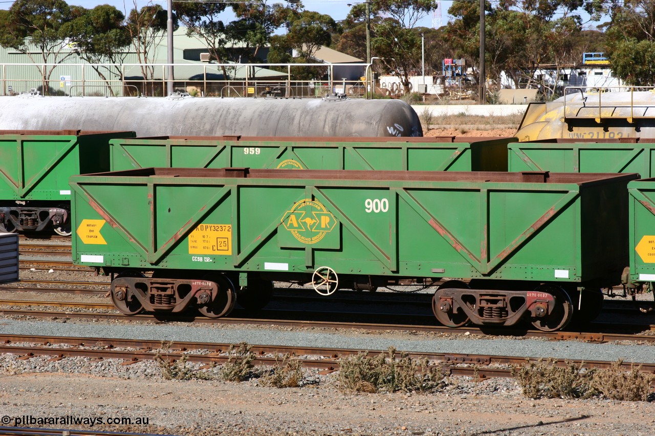 060528 4495
West Kalgoorlie, AOPY 32372 with fleet number 900, one of seventy ex ANR coal waggons rebuilt from AOKF type by Bluebird Engineering SA in service with ARG on Koolyanobbing iron ore trains. They used to be three metres longer and originally built by Metropolitan Cammell Britain as GB type in 1952-55, 28th May 2006.
Keywords: AOPY-type;AOPY32372;Bluebird-Engineering-SA;Metropolitan-Cammell-Britain;GB-type;
