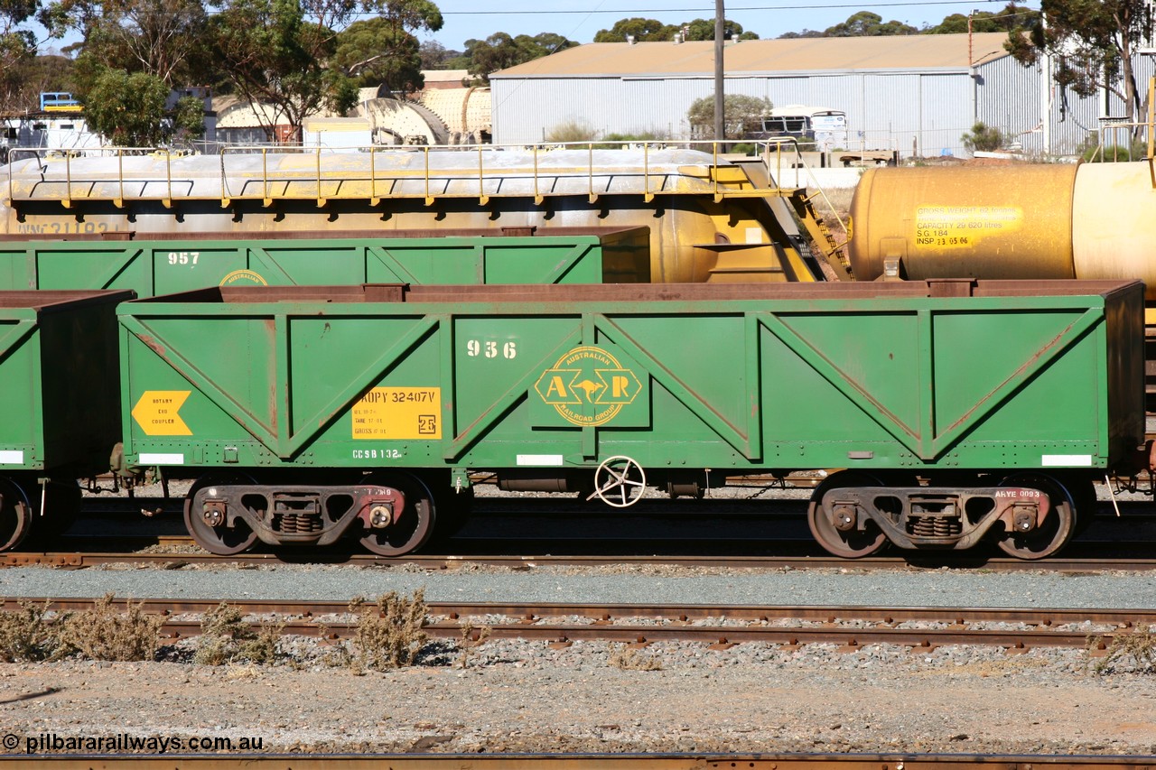 060528 4496
West Kalgoorlie, AOPY 32407, fleet number 936, one of seventy ex ANR coal waggons rebuilt from AOKF type by Bluebird Engineering SA in service with ARG on Koolyanobbing iron ore trains. They used to be three metres longer and originally built by Metropolitan Cammell Britain as GB type in 1952-55, 28th May 2006.
Keywords: AOPY-type;AOPY32407;Bluebird-Engineering-SA;Metropolitan-Cammell-Britain;GB-type;