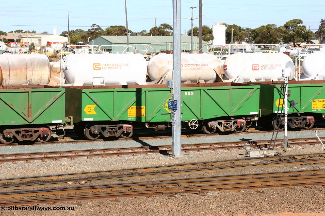 060528 4499
West Kalgoorlie, AOPY 34094, fleet number 962 is a drop floor type, one of seventy ex ANR coal waggons rebuilt from AOKF type by Bluebird Engineering SA in service with ARG on Koolyanobbing iron ore trains. They used to be three metres longer and originally built by Metropolitan Cammell Britain as GB type in 1952-55, 28th May 2006.
Keywords: AOPY-type;AOPY34094;Bluebird-Engineering-SA;Metropolitan-Cammell-Britain;GB-type;