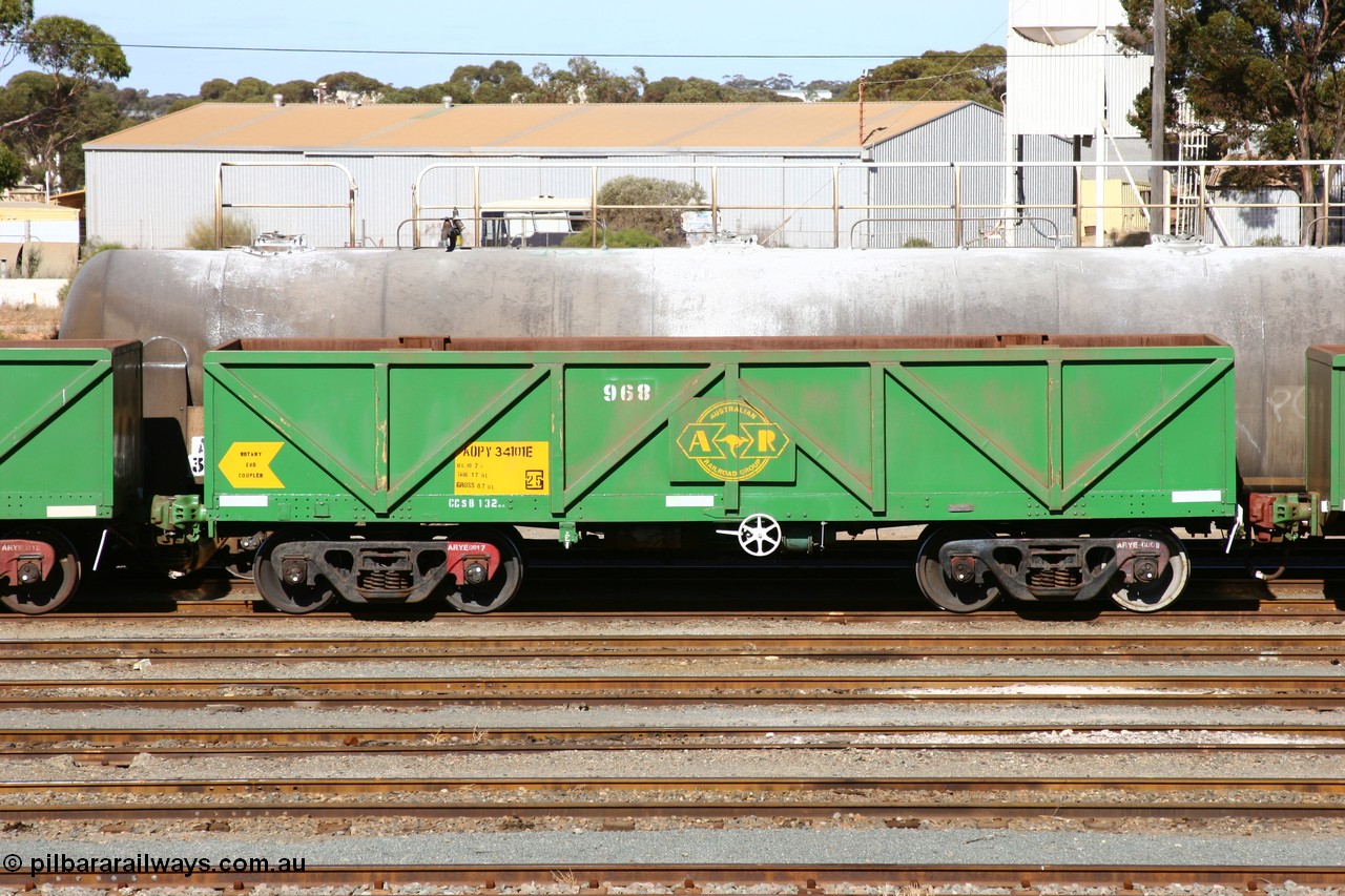 060528 4504
West Kalgoorlie, AOPY 34101, fleet number 968, one of seventy ex ANR coal waggons rebuilt from AOKF type by Bluebird Engineering SA in service with ARG on Koolyanobbing iron ore trains. They used to be three metres longer and originally built by Metropolitan Cammell Britain as GB type in 1952-55, 28th May 2006.
Keywords: AOPY-type;AOPY34101;Bluebird-Engineering-SA;Metropolitan-Cammell-Britain;GB-type;