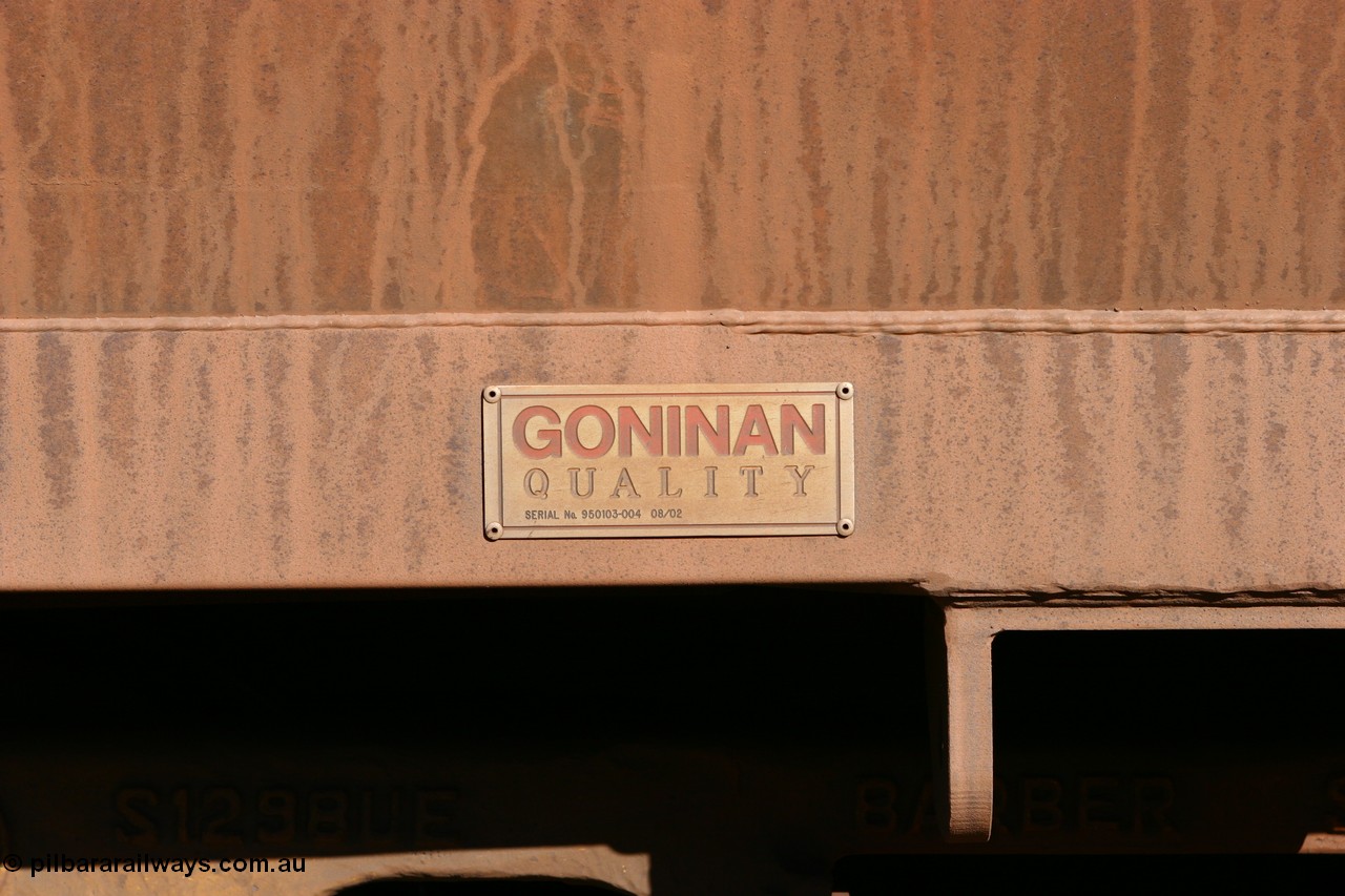 060528 4545
WOE type iron ore waggon WOE 33237 is one of a batch of twenty seven built by Goninan WA between September and October 2002 with serial number and fleet number 736 for Koolyanobbing iron ore operations, builders plate, Bonnie Vale 28th May 2006.
Keywords: WOE-type;WOE33237;Goninan-WA;950103-004;