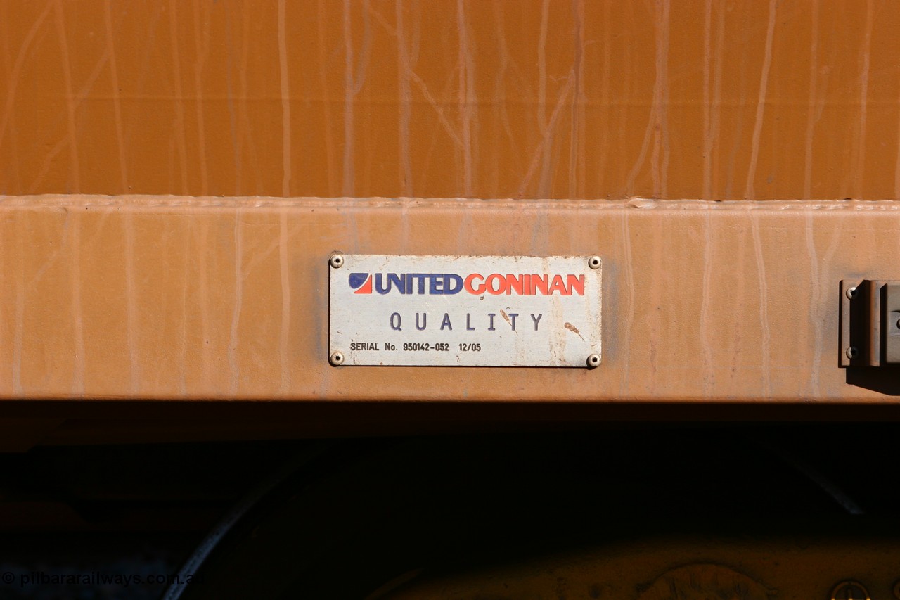 060528 4556
WOE type iron ore waggon WOE 33347 is one of a batch of one hundred and forty one built by United Goninan WA between November 2005 and April 2006 with serial number 950142-052 and fleet number 846 for Koolyanobbing iron ore operations, builders plate, Bonnie Vale 28th May 2006.
Keywords: WOE-type;WOE33347;United-Goninan-WA;950142-052;