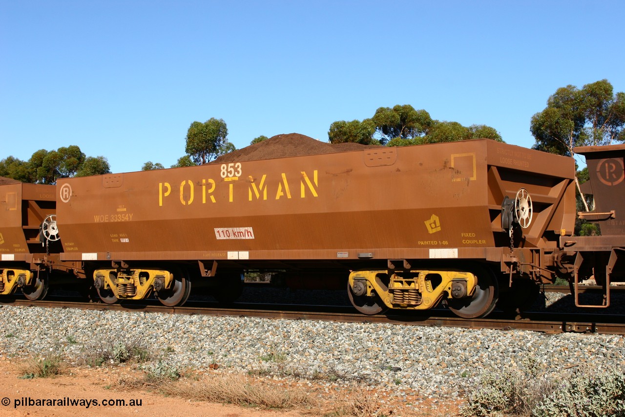 060528 4558
WOE type iron ore waggon WOE 33354 is one of a batch of one hundred and forty one built by United Goninan WA between November 2005 and April 2006 with serial number 950142-059 and fleet number 853 for Koolyanobbing iron ore operations. Seen here at Bonnie Vale loaded with fines. 28th May 2006.
Keywords: WOE-type;WOE33354;United-Goninan-WA;950142-059;