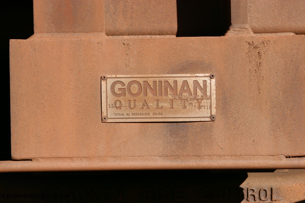 060528 4561
WOD type iron ore waggon WOD 31443 is one of a batch of sixty two built by Goninan WA between April and August 2000 with serial number 950086-016 and fleet number 506 for Koolyanobbing iron ore operations, build date 05/2000, with a 75 ton capacity, for Portman Mining to cart their Koolyanobbing iron ore to Esperance. Seen here loaded with fines in train 413 at Bonnie Vale. 28th May 2006.
Keywords: WOD-type;WOD31443;Goninan-WA;950086-016;