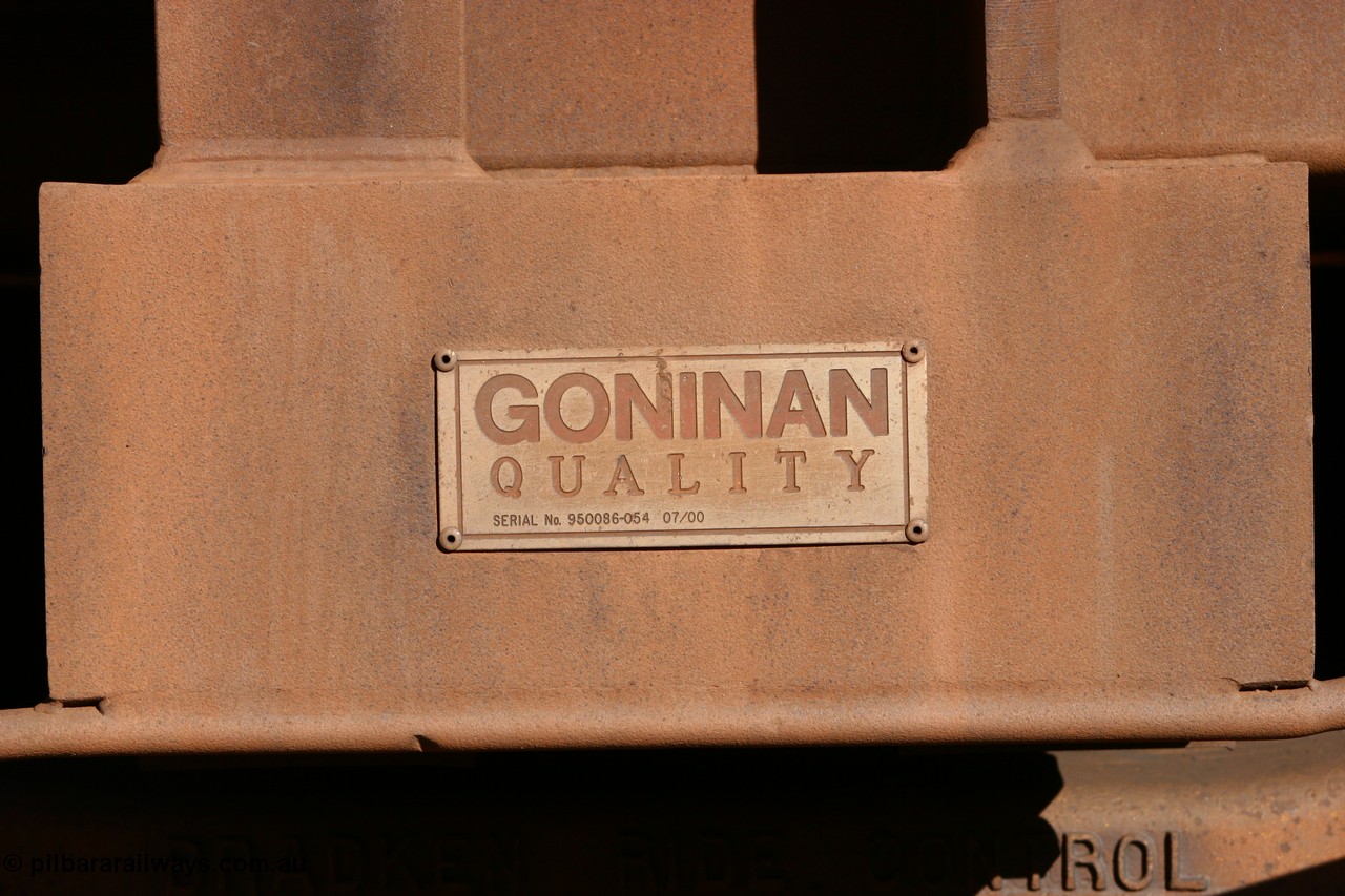 060528 4563
WOD type iron ore waggon WOD 31482 is one of a batch of sixty two built by Goninan WA between April and August 2000 with serial number 950086-054 and fleet number 545 for Koolyanobbing iron ore operations with a 75 ton capacity build date 07/2000, for Portman Mining to cart their Koolyanobbing iron ore to Esperance. Seen here loaded with fines in train 413 at Bonnie Vale. 28th May 2006.
Keywords: WOD-type;WOD31482;Goninan-WA;950086-054;