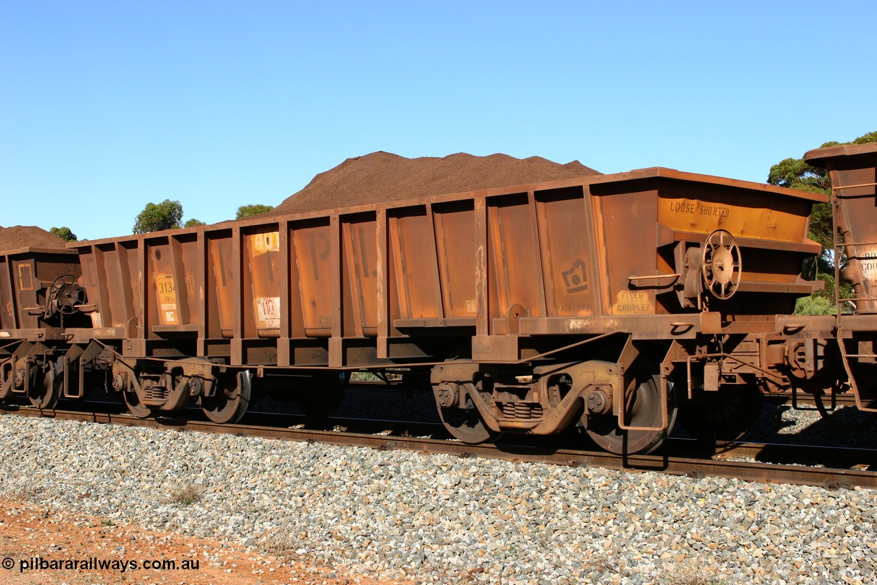 060528 4567
WOC type iron ore waggon WOC 31341 is leader of a batch of thirty built by Goninan WA between October 1997 to January 1998 with fleet number 401 for Koolyanobbing iron ore operations with a 75 ton capacity and lettered for KIPL, Koolyanobbing Iron Pty Ltd, seen here loaded with fines ore at Bonnie Vale in train number 413, 28th May 2006.
Keywords: WOC-type;WOC31341;Goninan-WA;