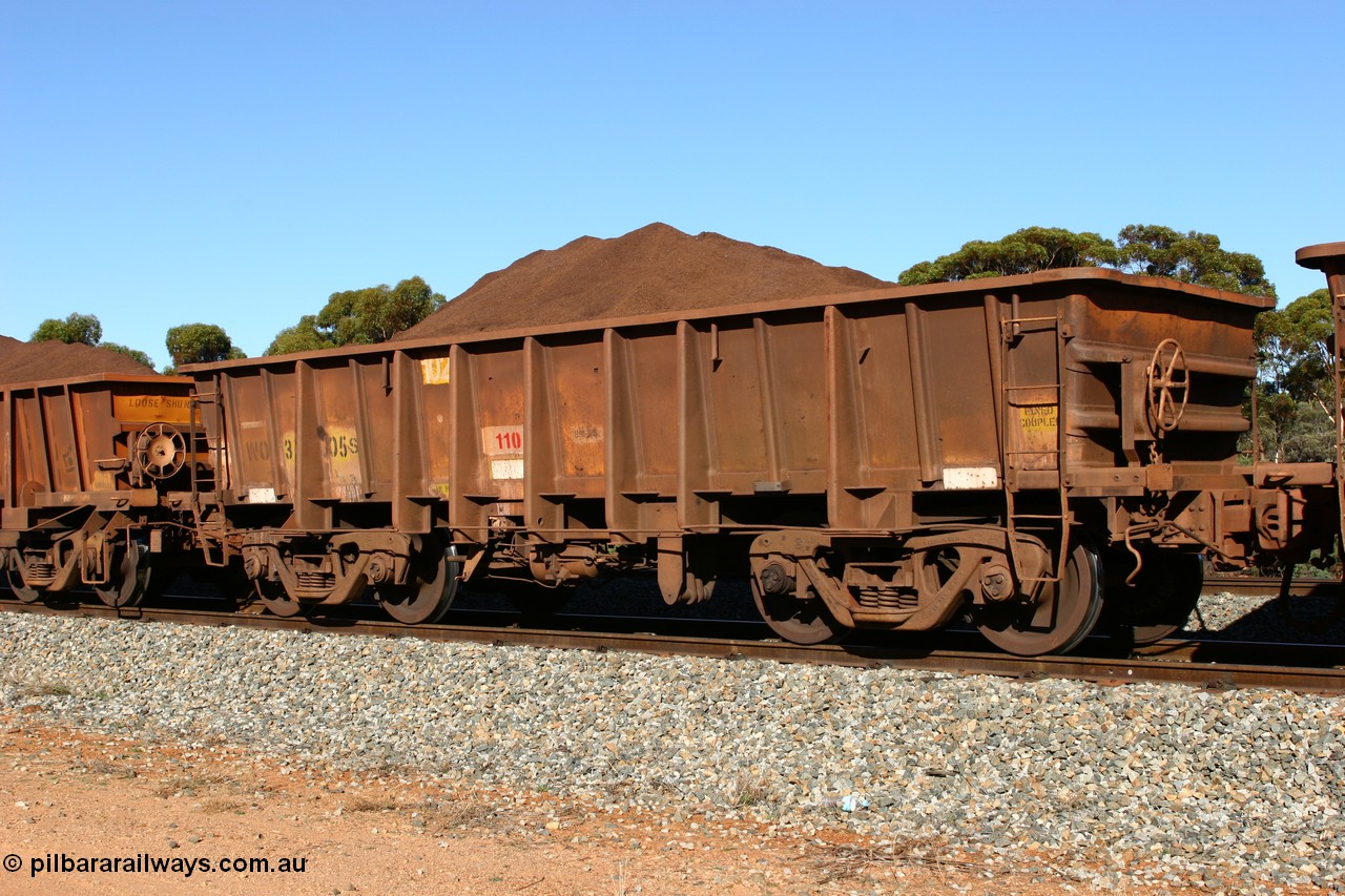 060528 4570
WO type iron ore waggon WO 31205 is one of a batch of eighty six built by WAGR Midland Workshops between 1967 and March 1968 with fleet number 102 for Koolyanobbing iron ore operations, with a 75 ton and 1018 ft.³ capacity, seen here loaded with fines ore at Bonnie Vale, 28th May 2006. This unit was converted to WOS superphosphate in the late 1980s till 1994 when it was re-classed back to WO.
Keywords: WO-type;WO31205;WAGR-Midland-WS;WOS-type;