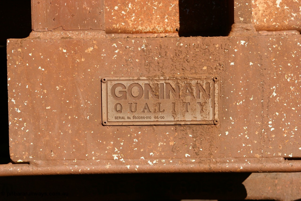 060528 4574
WO type iron ore waggon WO 31260 is one of a batch of sixty two built by Goninan WA between April and August 2000 with serial number 950086-010 and build date of 05/2000 and fleet number 146 for Koolyanobbing iron ore operations, and is a Goninan built replacement WO type waggon that replaces the original WAGR built WO type waggon with the newer style WOD type and has square features opposed to the curved ones as on the original WO class. Bonnie Vale, 28th May 2006.
Keywords: WO-type;WO31260;Goninan-WA;950086-010;