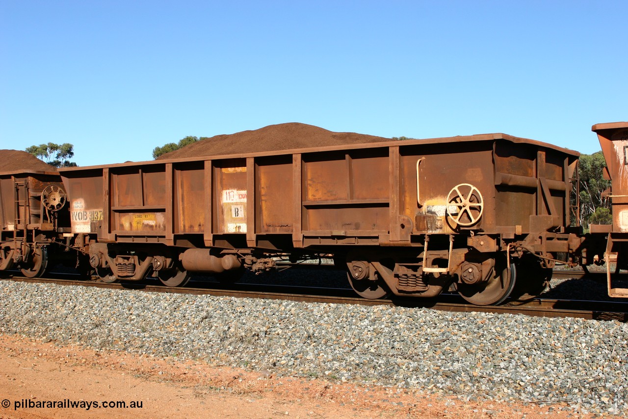 060528 4582
WOB type iron ore waggon WOB 31379 is one of a batch of twenty five built by Comeng WA between 1974 and 1975 and converted from Mt Newman high sided waggons by WAGR Midland Workshops with a capacity of 67 tons with fleet number 304 for Koolyanobbing iron ore operations, the WAGR and Comeng builders plates are visible in the waggon sill, seen here at Bonnie Vale loaded with fines, 28th May 2006.
Keywords: WOB-type;WOB31379;Comeng-WA;Mt-Newman-Mining;