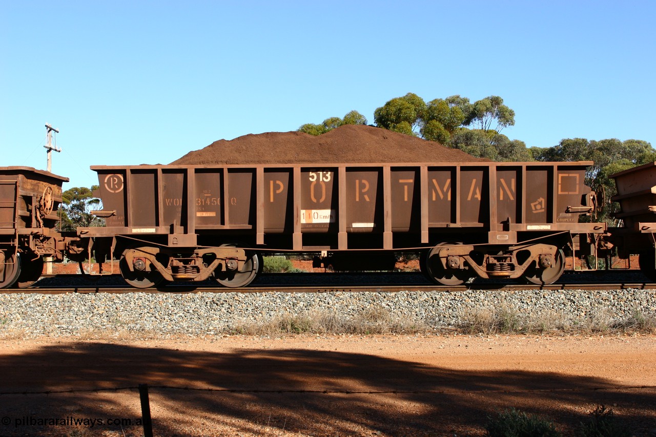 060528 4597
WOD type iron ore waggon WOD 31450 is one of a batch of sixty two built by Goninan WA between April and August 2000 with serial number 950086-022 and fleet number 513 for Koolyanobbing iron ore operations with a 75 ton capacity for Portman Mining to cart their Koolyanobbing iron ore to Esperance. Seen here loaded with fines in train 413 at Bonnie Vale. 28th May 2006.
Keywords: WOD-type;WOD31450;Goninan-WA;950086-022;