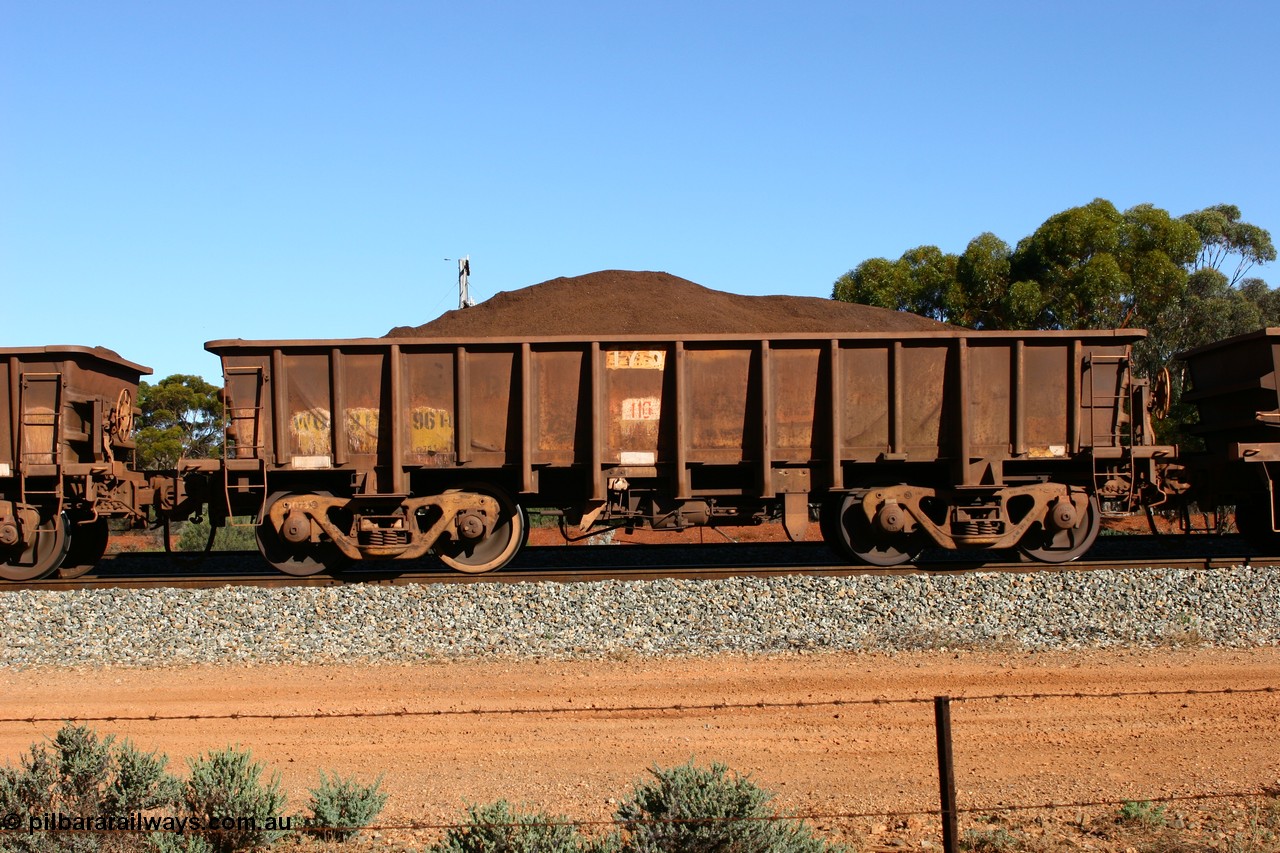 060528 4598
WO type iron ore waggon WO 31296 is one of a batch of fifteen built by WAGR Midland Workshops between July and October 1968 with fleet number 175 for Koolyanobbing iron ore operations, with a 75 ton and 1018 ft³ capacity, loaded with fines seen here at Bonnie Vale, 28th May 2006. This unit was converted to WOC for coal in 1986 till 1994 when it was re-classed back to WO.
Keywords: WO-type;WO31296;WAGR-Midland-WS;