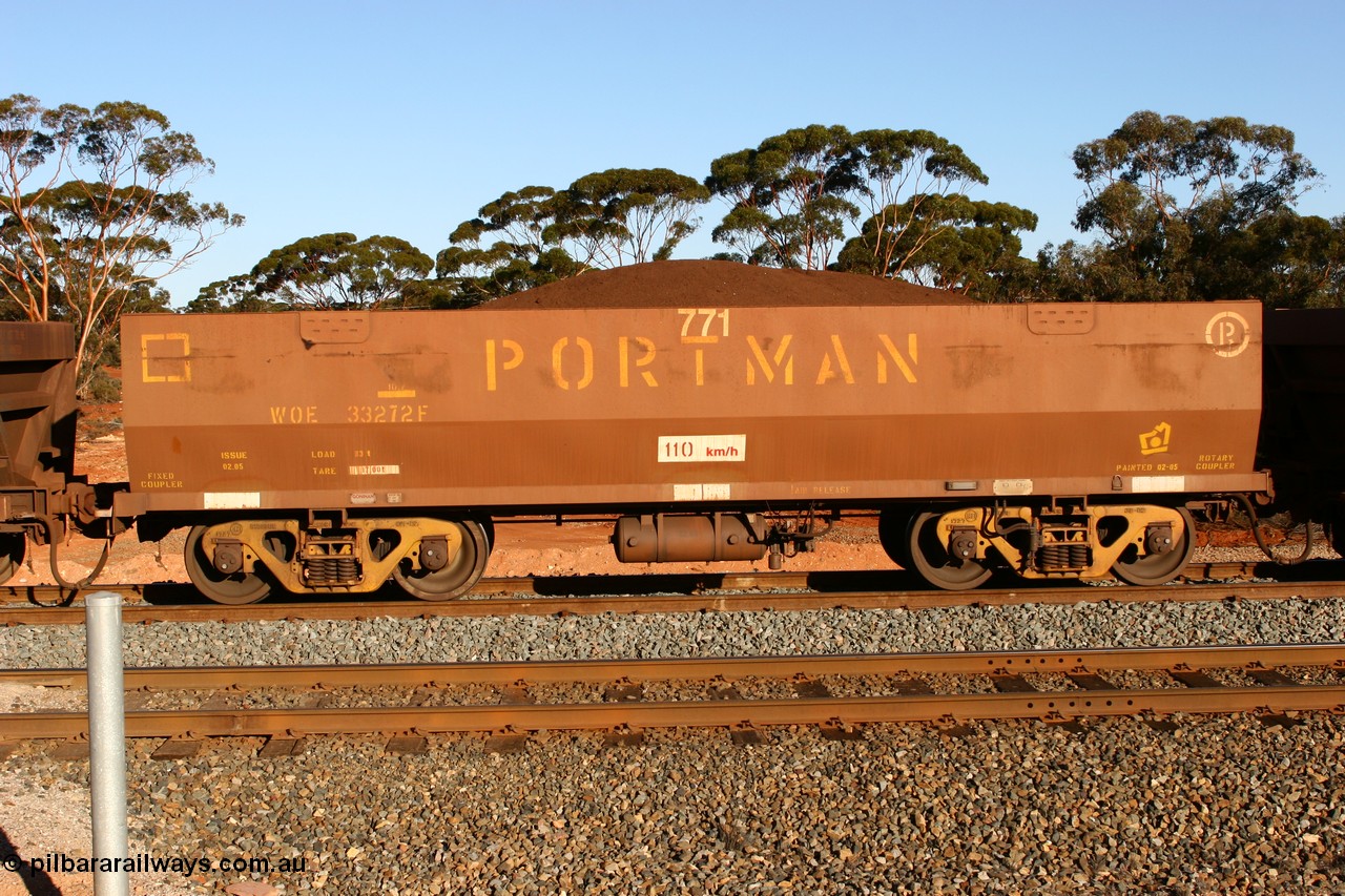 060528 4622
WOE type iron ore waggon WOE 33272 is one of a batch of thirty five built by Goninan WA between January and April 2005 with serial number 950104-012 and fleet number 771 for Koolyanobbing iron ore operations, Binduli, 28th May 2006.
Keywords: WOE-type;WOE33272;Goninan-WA;950104-012;