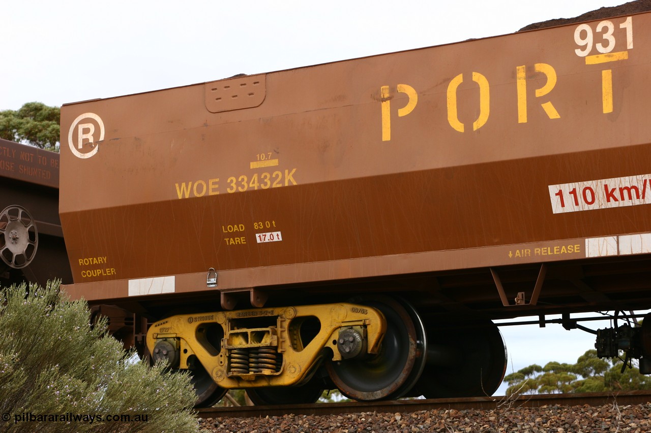 060529 4702
WOE type iron ore waggon WOE 33432 is one of a batch of one hundred and forty one built by United Group Rail WA between November 2005 and April 2006 with serial number 950142-137 and fleet number 8931 for Koolyanobbing iron ore operations, seen here loaded with fines at Binduli, 29th May 2006.
Keywords: WOE-type;WOE33432;United-Group-Rail-WA;950142-137;