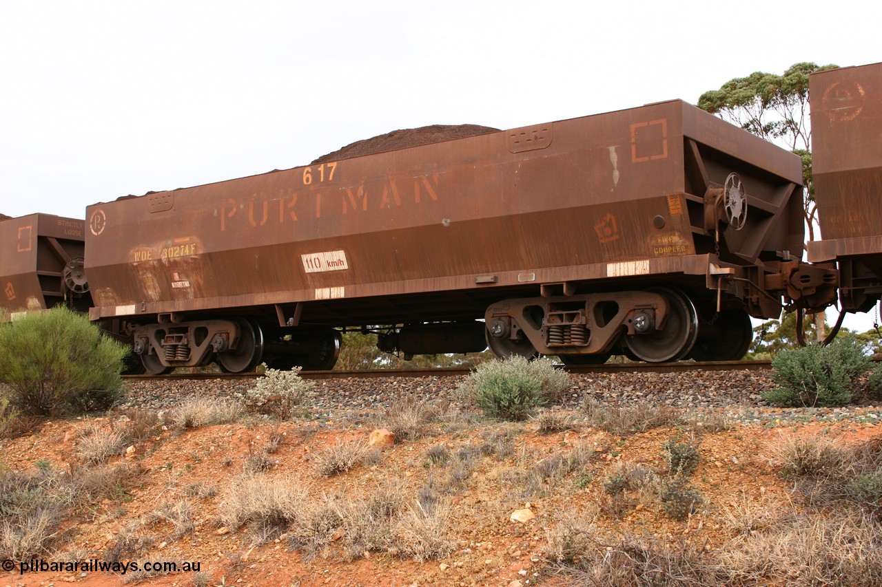 060529 4703
WOE type iron ore waggon WOE 30274 is one of a batch of one hundred and thirty built by Goninan WA between March and August 2001 with serial number 950092-024 and fleet number 617 for Koolyanobbing iron ore operations of 83 tonne capacity for Portman Mining, loaded with fines at Binduli, 29th May 2006.
Keywords: WOE-type;WOE30274;Goninan-WA;950092-024;