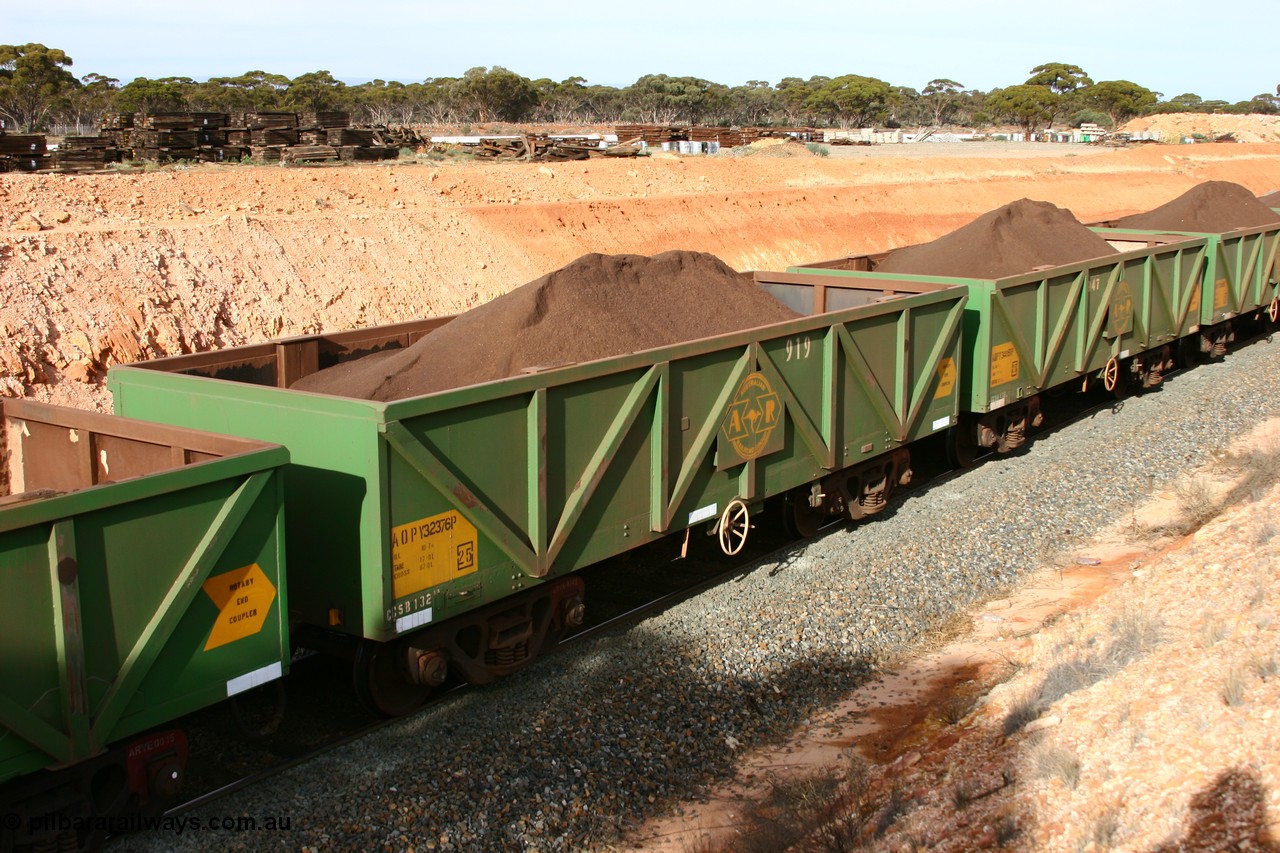 060531 5022
West Kalgoorlie, AOPY 32376, fleet number 919, one of seventy ex ANR coal waggons rebuilt from AOKF type by Bluebird Engineering SA in service with ARG on Koolyanobbing iron ore trains. They used to be three metres longer and originally built by Metropolitan Cammell Britain as GB type in 1952-55, 31st May 2006.
Keywords: AOPY-type;AOPY32376;Bluebird-Engineering-SA;Metropolitan-Cammell-Britain;GB-type;