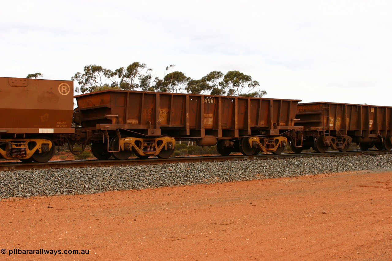 070527 9263
WOC type iron ore waggon WOC 31346 is one of a batch of thirty built by Goninan WA between October 1997 to January 1998 with fleet number 406 for Koolyanobbing iron ore operations with a 75 ton capacity and lettered for KIPL, Koolyanobbing Iron Pty Ltd, part of an empty train at Binduli, 27th May 2007.
Keywords: WOC-type;WOC31346;Goninan-WA;
