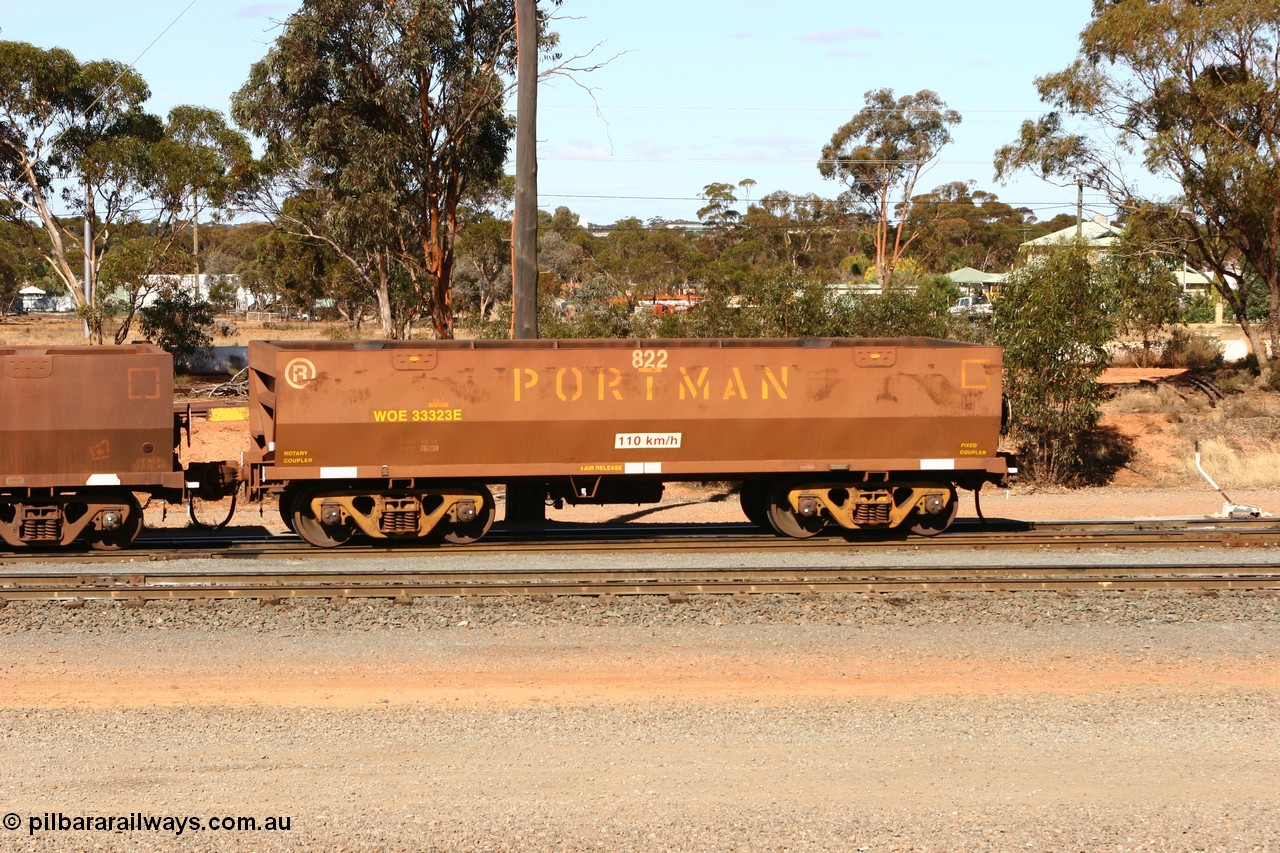 070529 9377
WOE type iron ore waggon WOE 33323 is one of a batch of one hundred and forty one built by United Goninan WA between November 2005 and April 2006 with serial number 950142-028 and fleet number 822 for Koolyanobbing iron ore operations in West Kalgoorlie, 29th May 2007.
Keywords: WOE-type;WOE33323;United-Goninan-WA;950142-028;