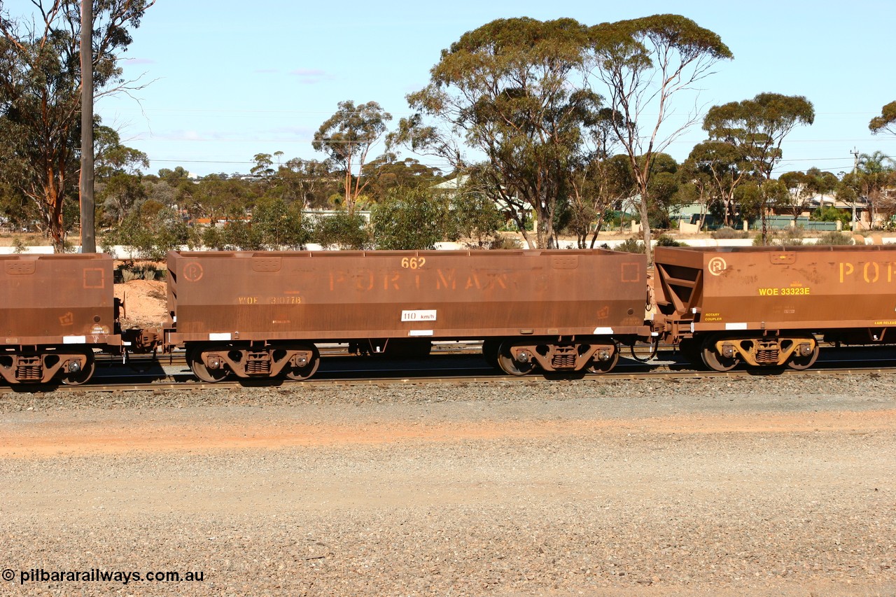 070529 9378
WOE type iron ore waggon WOE 31077 is one of a batch of one hundred and thirty built by Goninan WA between March and August 2001 with serial number 950092-067 and fleet number 662 for Koolyanobbing iron ore operations, West Kalgoorlie, 29th May 2007.
Keywords: WOE-type;WOE31077;Goninan-WA;950092-067;