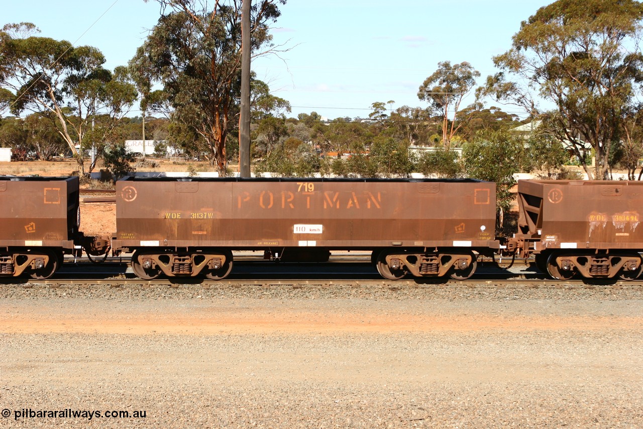 070529 9380
WOE type iron ore waggon WOE 31137 is one of a batch of one hundred and thirty built by Goninan WA between March and August 2001 with serial number 950092-127 and fleet number 719 for Koolyanobbing iron ore operations, West Kalgoorlie, 29th May 2007.
Keywords: WOE-type;WOE31137;Goninan-WA;950092-127;