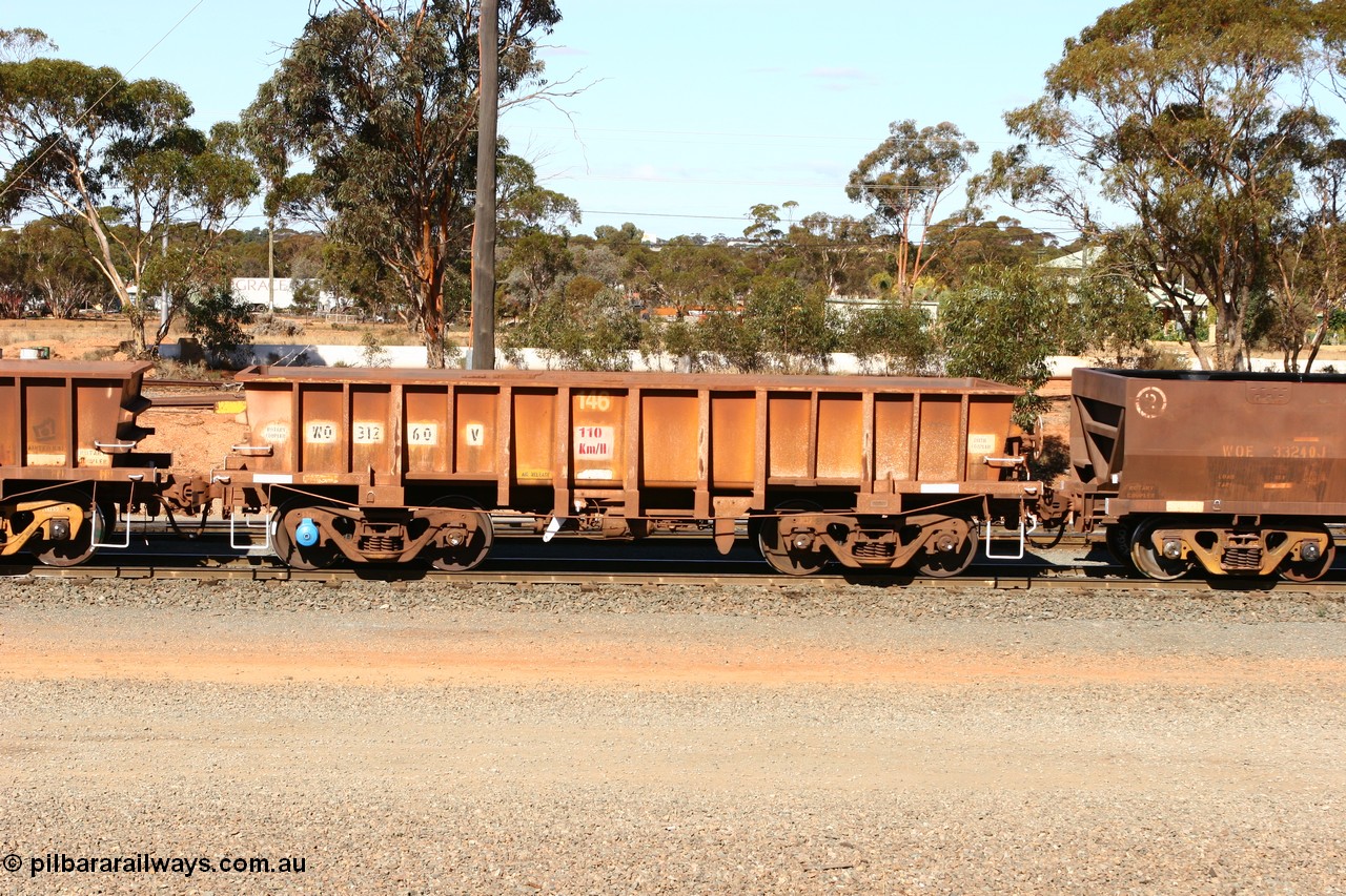 070529 9382
WO type iron ore waggon WO 31260 is one of a batch of sixty two built by Goninan WA between April and August 2000 with serial number 950086-010 and fleet number 146 for Koolyanobbing iron ore operations, and is a Goninan built replacement WO type waggon that replaces the original WAGR built WO type waggon with the newer style WOD type and has square features opposed to the curved ones as on the original WO class, West Kalgoorlie, 29th May 2007.
Keywords: WO-type;WO31260;Goninan-WA;950086-010;