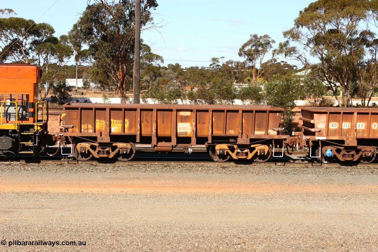 070529 9383
WOC type iron ore waggon WOC 31348 is one of a batch of thirty built by Goninan WA between October 1997 to January 1998 with fleet number 408 for Koolyanobbing iron ore operations with a 75 ton capacity and lettered for KIPL, Koolyanobbing Iron Pty Ltd, seen here at West Kalgoorlie, 29th May 2006.
Keywords: WOC-type;WOC31348;Goninan-WA;