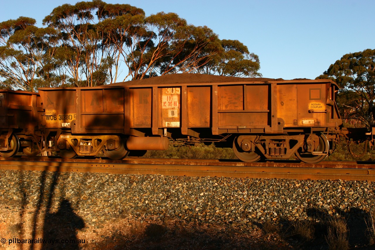 070530 9592
WOB type iron ore waggon WOB 31380 is one of a batch of twenty five built by Comeng WA between 1974 and 1975 and converted from Mt Newman high sided waggons by WAGR Midland Workshops with a capacity of 67 tons with fleet number 305 for Koolyanobbing iron ore operations on a loaded train at Binduli, 30th May 2007.
Keywords: WOB-type;WOB31380;Comeng-WA;Mt-Newman-Mining;