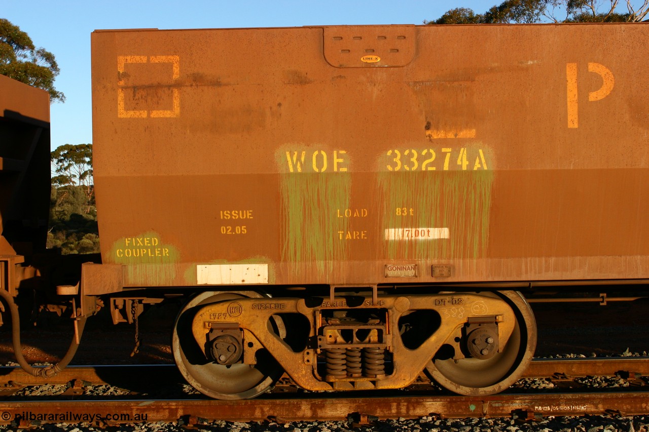 070530 9593
WOE type iron ore waggon WOE 33274 is one of a batch of thirty five built by Goninan WA between January and April 2005 with serial number 950104-014 and fleet number 773 for Koolyanobbing iron ore operations, Binduli 30th May 2007.
Keywords: WOE-type;WOE33274;Goninan-WA;950104-014;