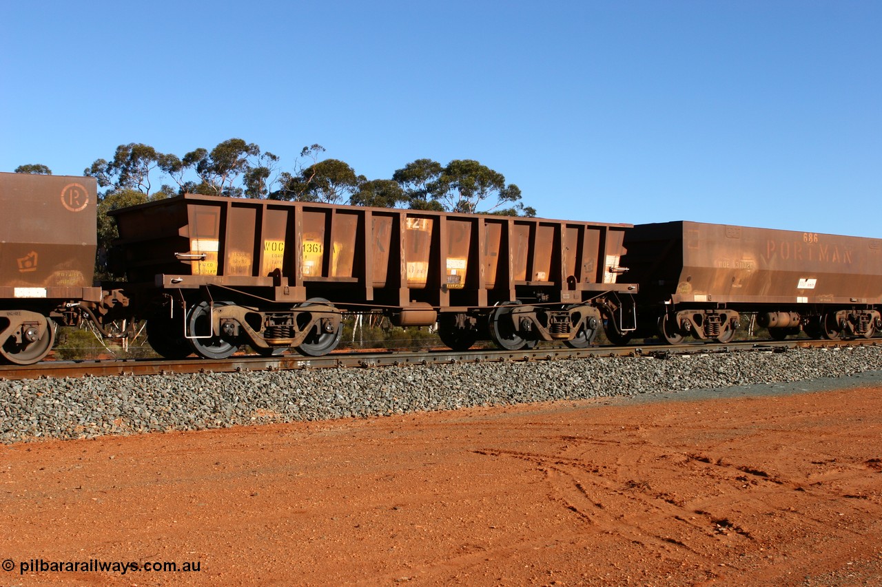 070531 9728
WOC type iron ore waggon WOC 31361 is one of a batch of thirty built by Goninan WA between October 1997 to January 1998 with fleet number 421 and build date of 12/1997, for Koolyanobbing iron ore operations with a 75 ton capacity and lettered for KIPL, Koolyanobbing Iron Pty Ltd, on an empty train at Binduli, 31st May 2007.
Keywords: WOC-type;WOC31361;Goninan-WA;