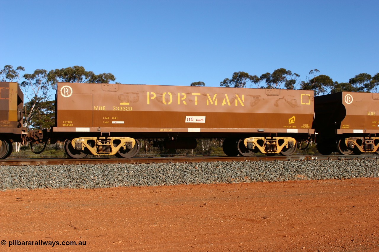 070531 9730
WOE type iron ore waggon WOE 33332 is one of a batch of one hundred and forty one built by United Goninan WA between November 2005 and April 2006 with serial number 950142-037 and fleet number 831 for Koolyanobbing iron ore operations, seen here at Binduli, 31st May 2007.
Keywords: WOE-type;WOE33332;United-Goninan-WA;950142-037;