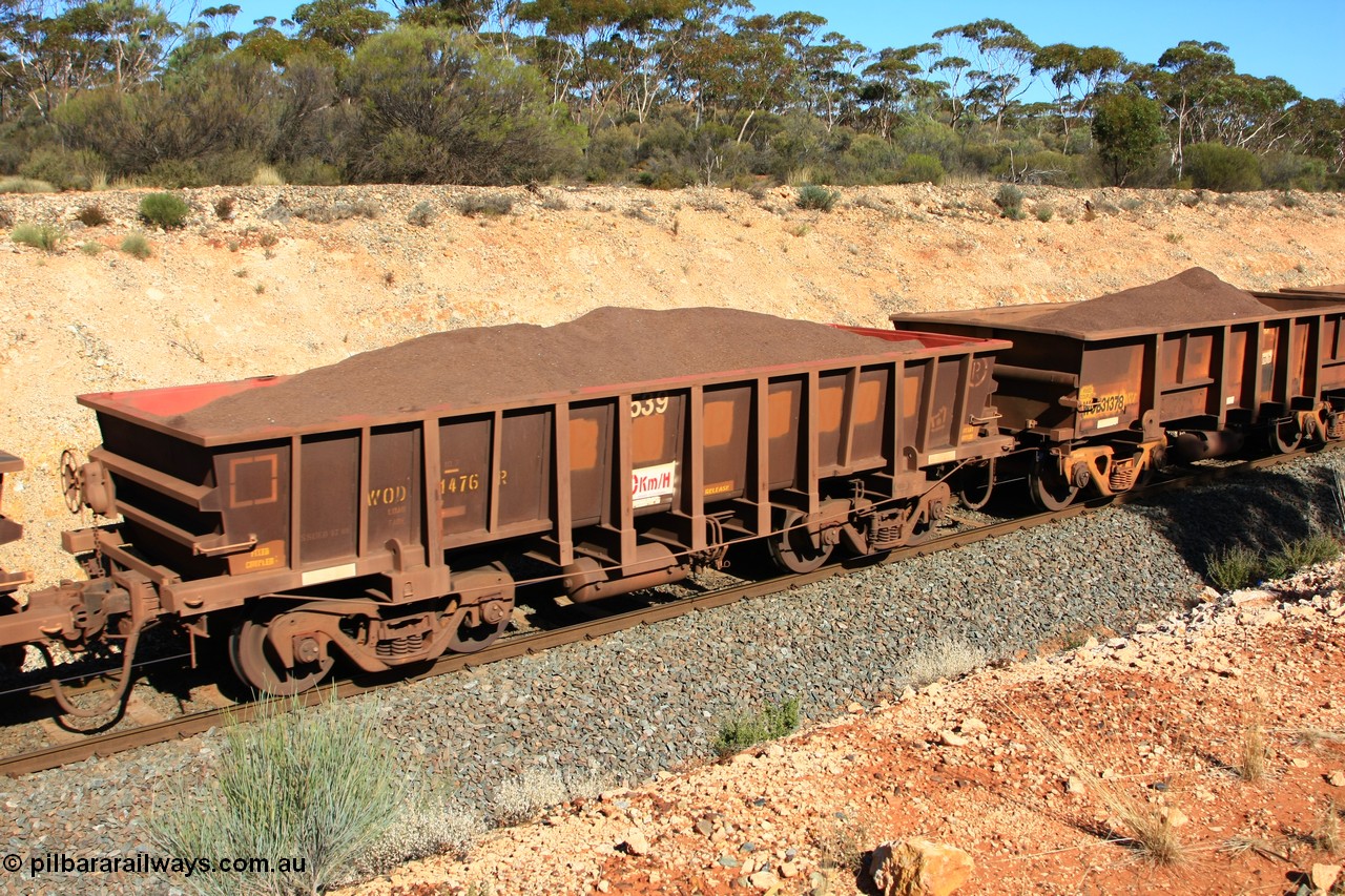100602 8542
WOD type iron ore waggon WOD 31476 is one of a batch of sixty two built by Goninan WA between April and August 2000 with serial number 950086-048 and fleet number 539 for Koolyanobbing iron ore operations with a 75 ton capacity with a build date of 07/2000, for Portman Mining to cart their Koolyanobbing iron ore to Esperance, with the letters now painted over, loaded with fines ore just west of Binduli, 2nd June 2010.
Keywords: WOD-type;WOD31476;Goninan-WA;950086-048;